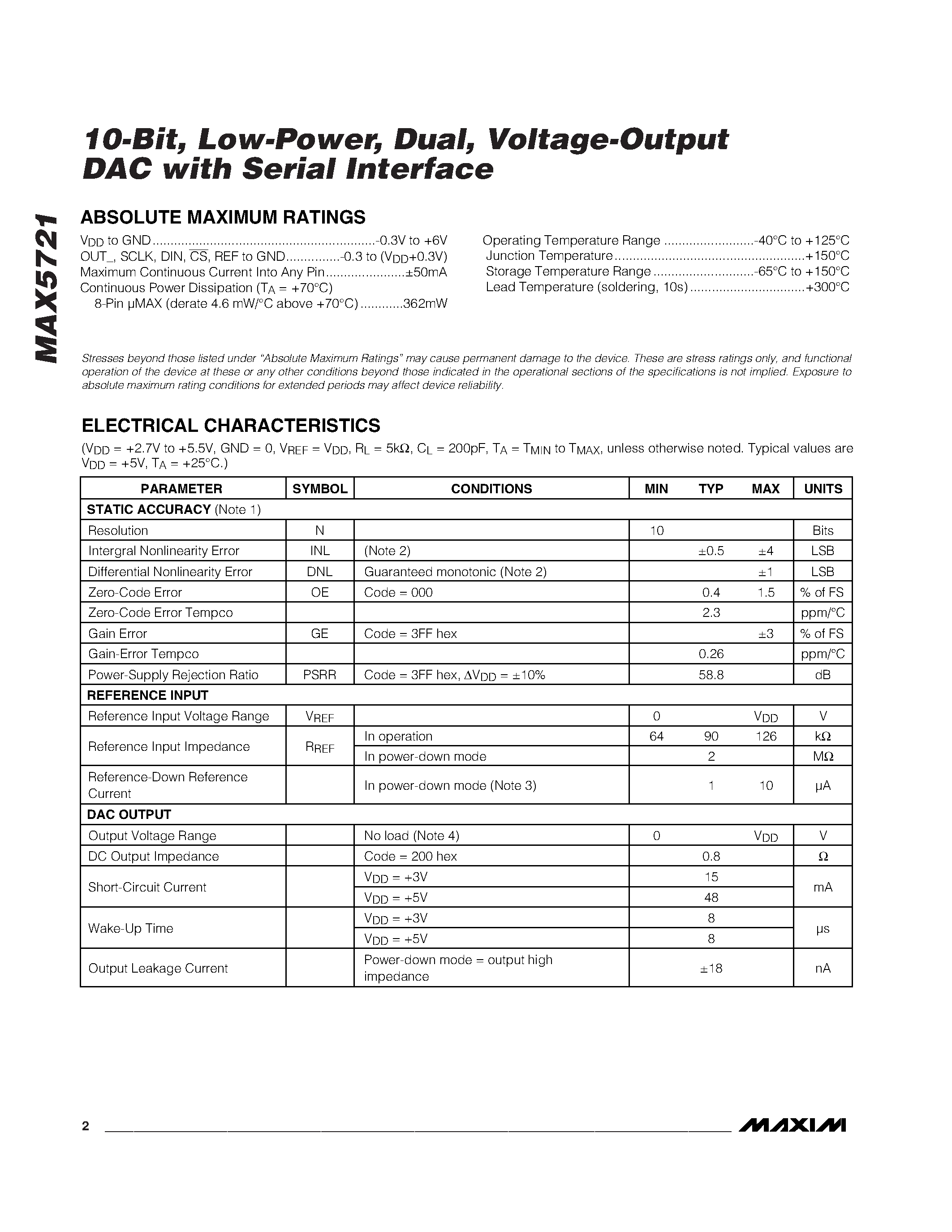 Datasheet MAX5721 - 10-Bit / Low-Power / Dual / Voltage-Output DAC with Serial Interface page 2