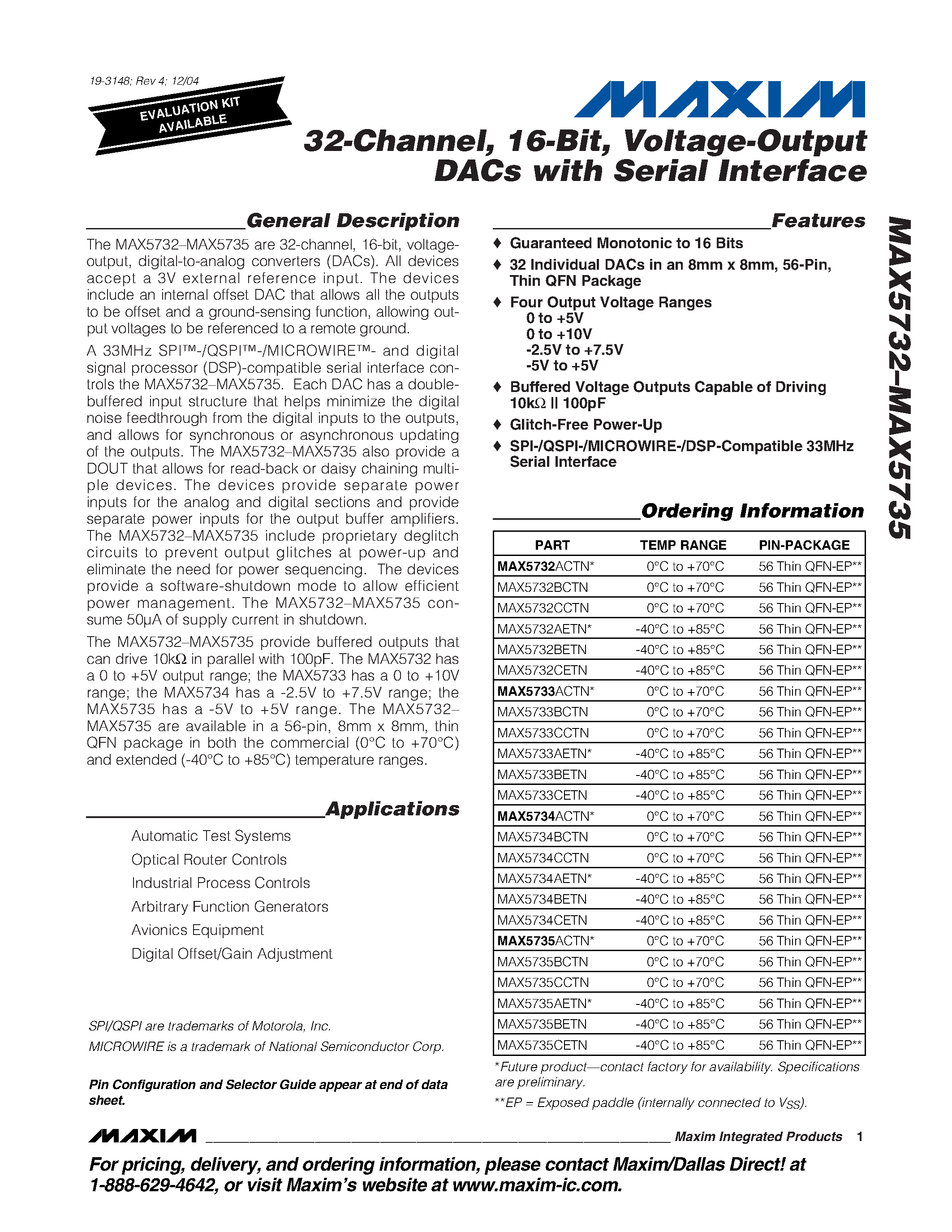 Даташит MAX5735 - 32-Channel / 16-Bit / Voltage-Output DACs with Serial Interface страница 1