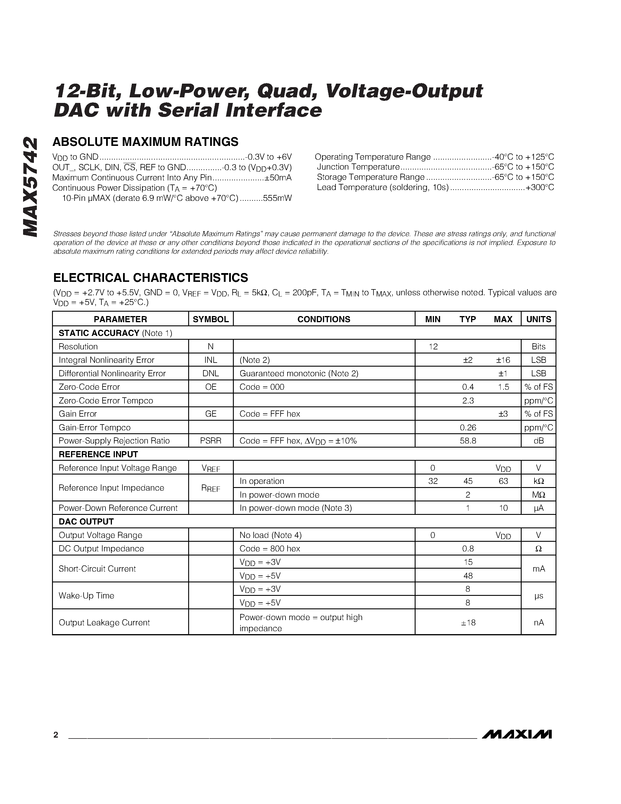 Datasheet MAX5742 - 12-Bit / Low-Power / Quad / Voltage-Output DAC with Serial Interface page 2