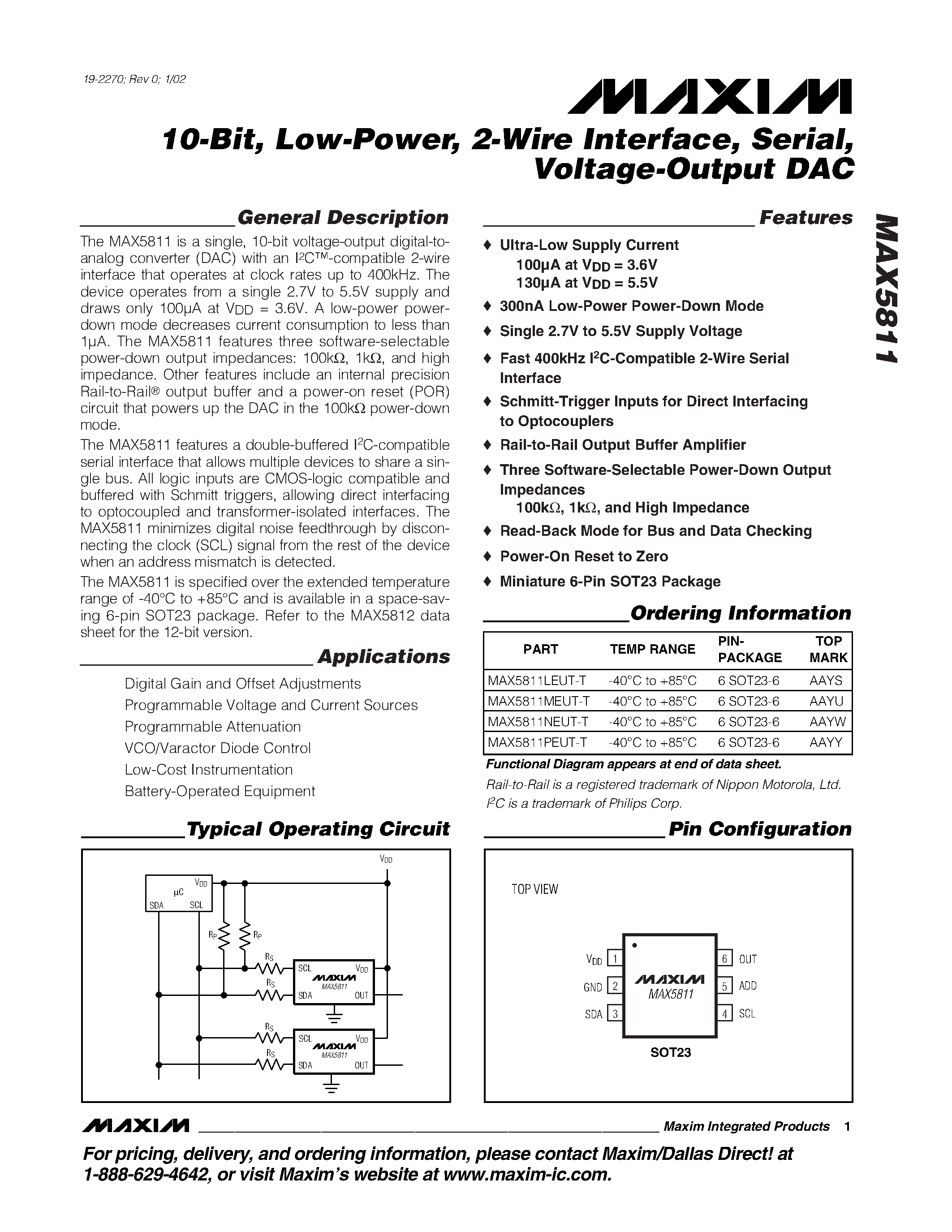 Datasheet MAX5811 - 10-Bit / Low-Power / 2-Wire Interface / Serial / Voltage-Output DAC page 1