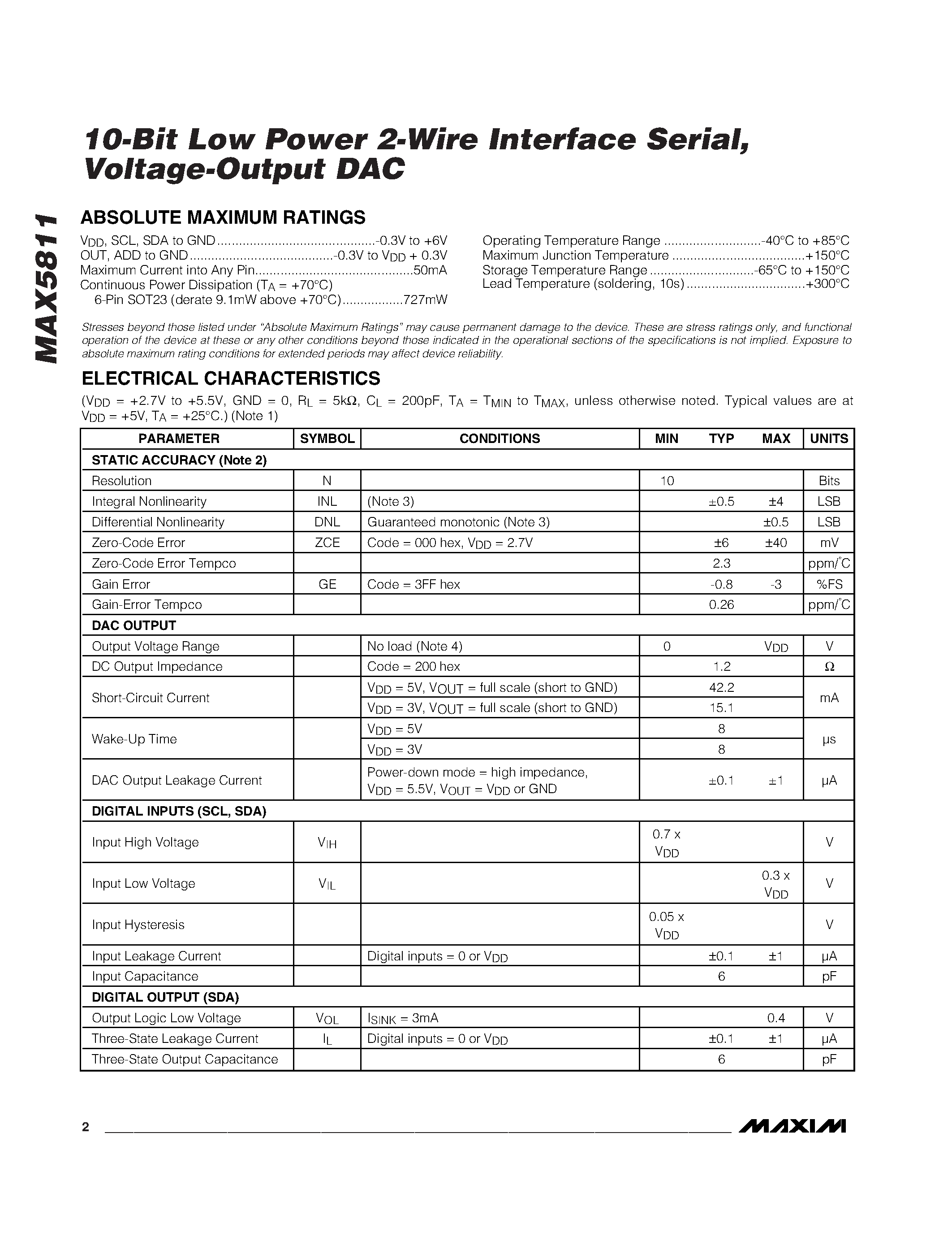 Datasheet MAX5811 - 10-Bit / Low-Power / 2-Wire Interface / Serial / Voltage-Output DAC page 2