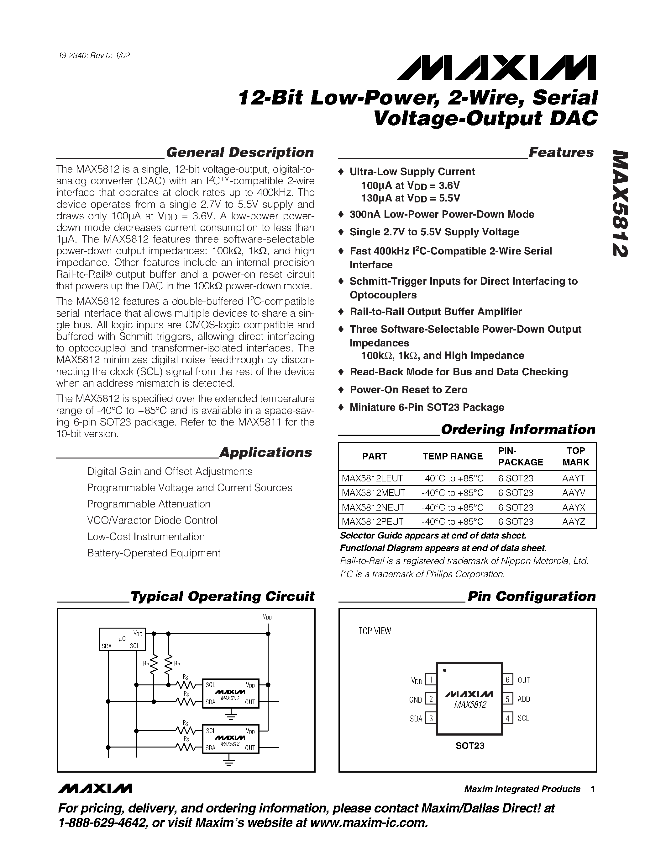Datasheet MAX5812 - 12-Bit Low-Power / 2-Wire / Serial Voltage-Output DAC page 1