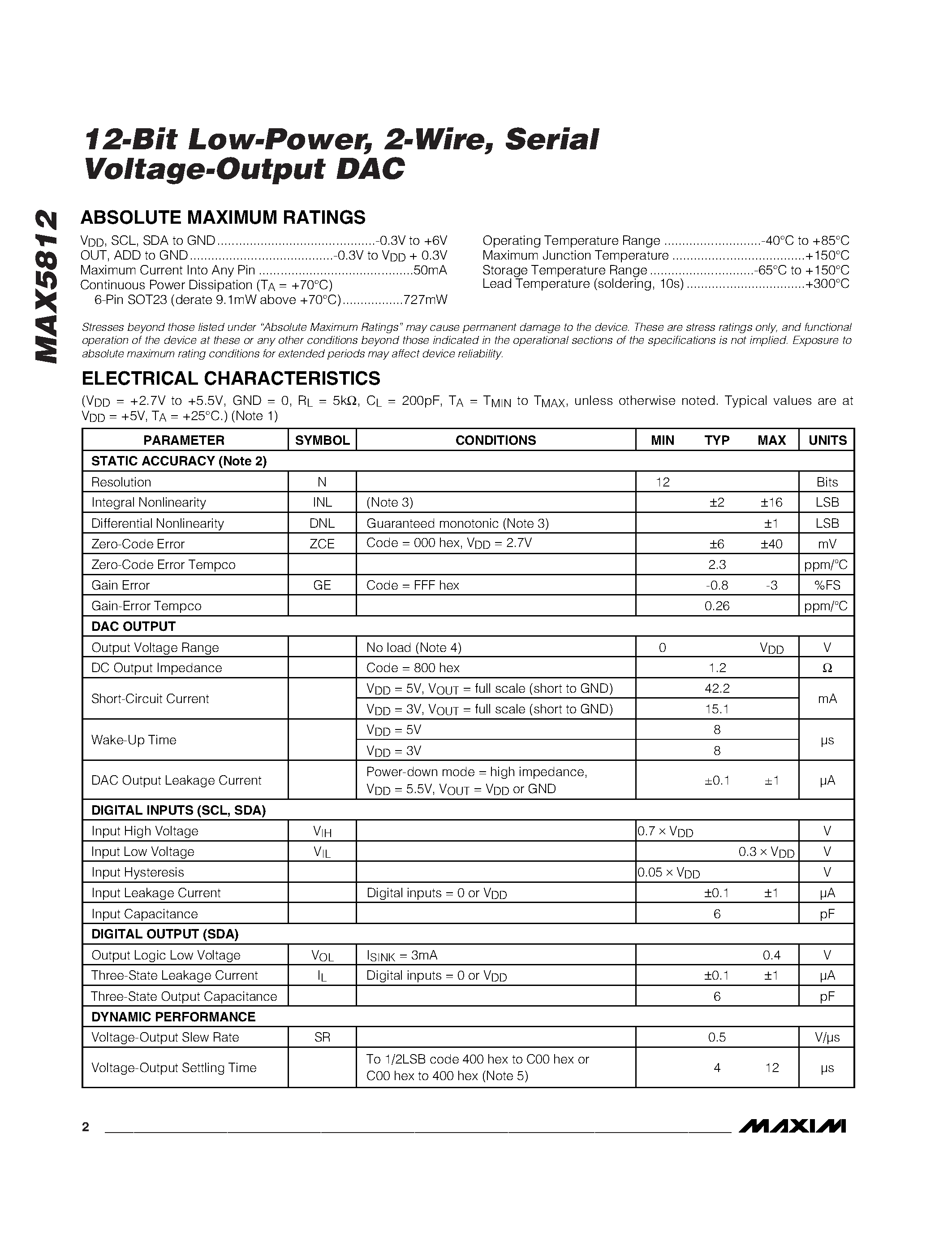 Datasheet MAX5812 - 12-Bit Low-Power / 2-Wire / Serial Voltage-Output DAC page 2