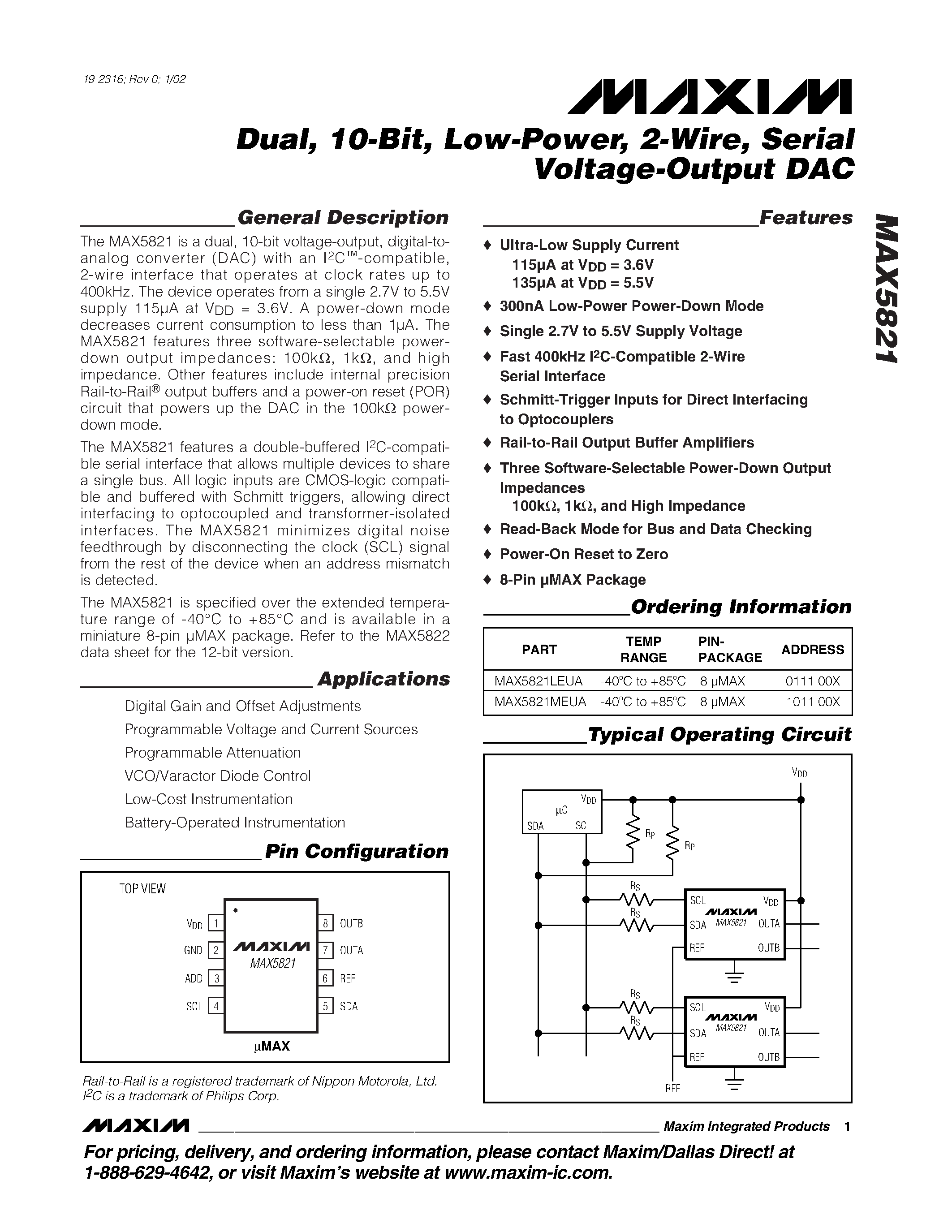 Datasheet MAX5821 - Dual / 10-Bit / Low-Power / 2-Wire / Serial Voltage-Output DAC page 1