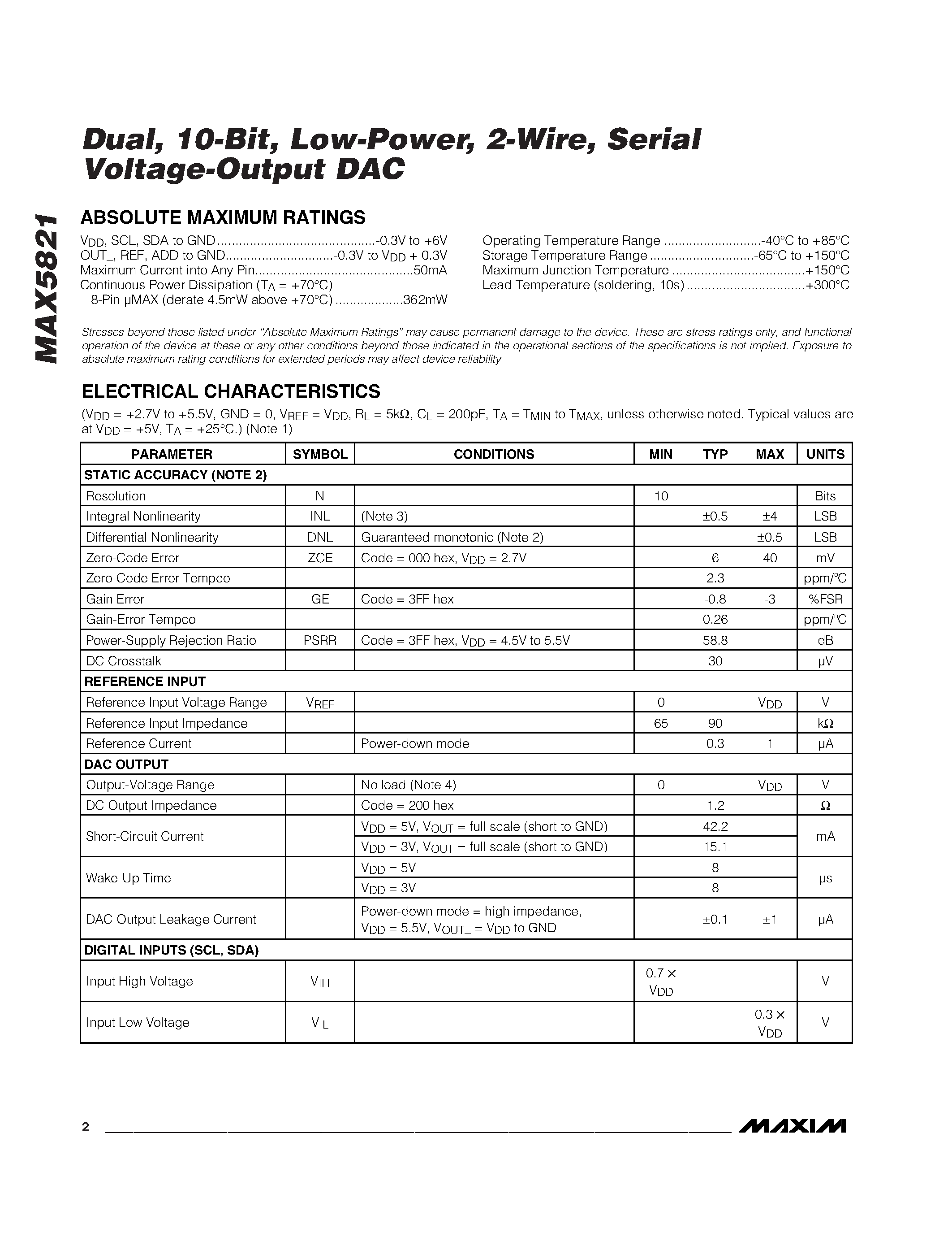 Datasheet MAX5821 - Dual / 10-Bit / Low-Power / 2-Wire / Serial Voltage-Output DAC page 2