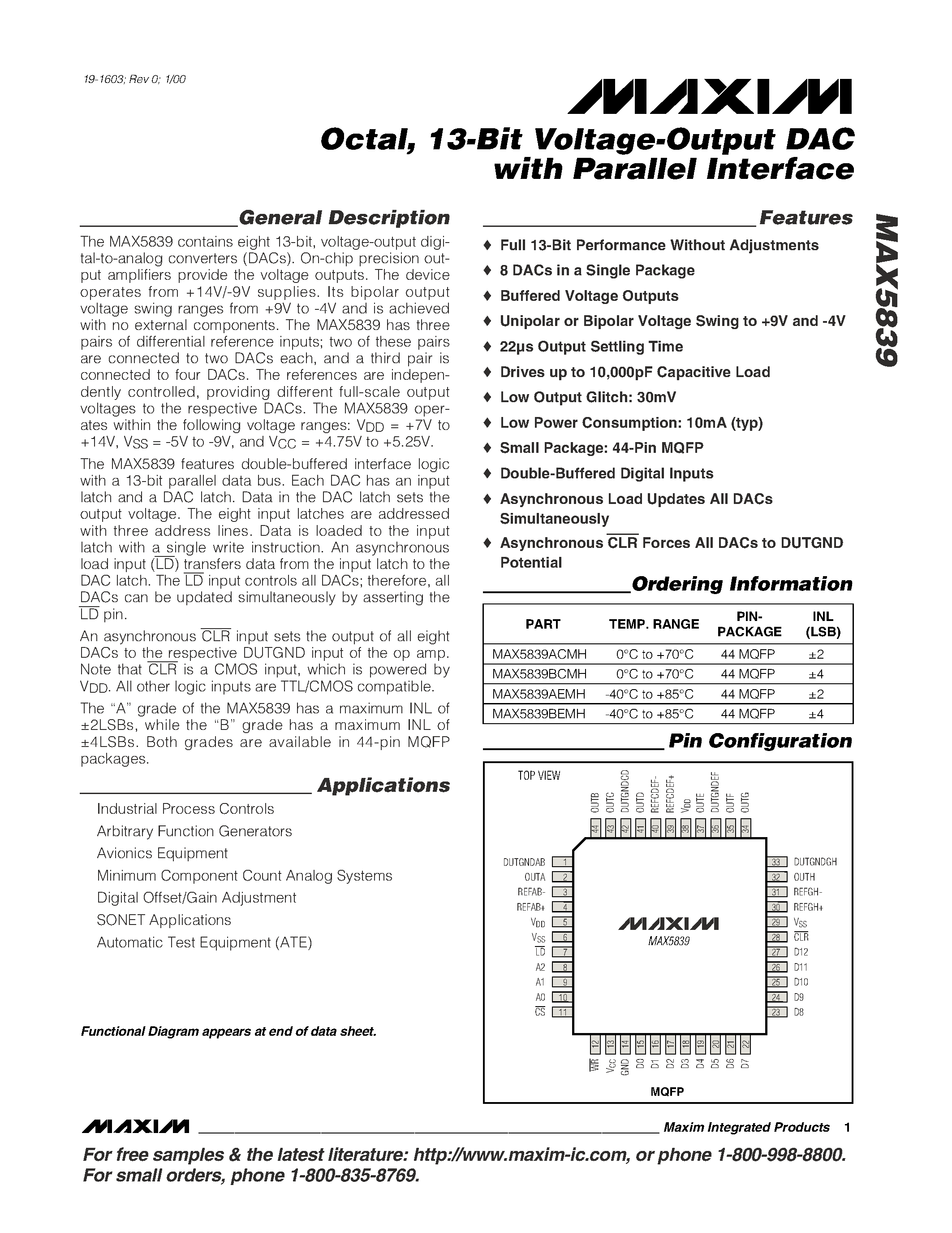 Datasheet MAX5839 - Octal / 13-Bit Voltage-Output DAC with Parallel Interface page 1