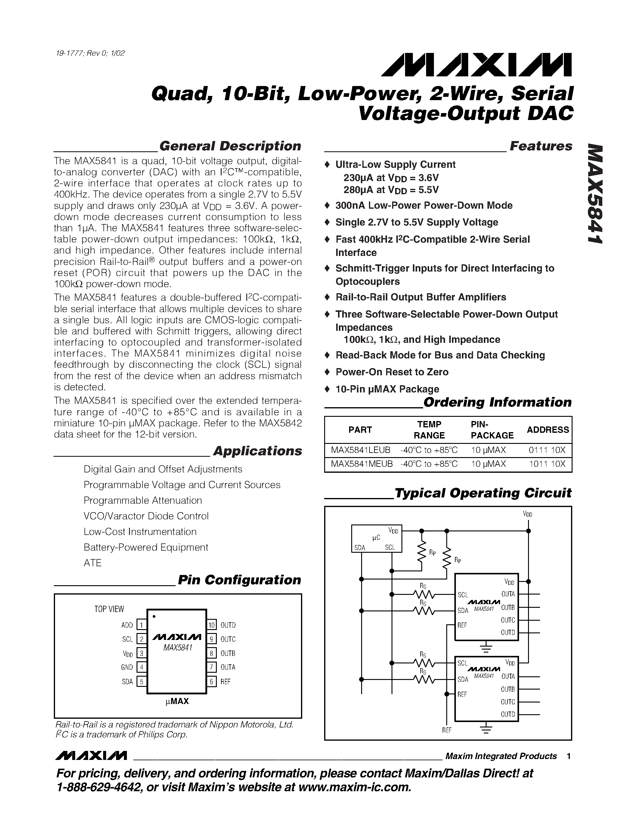 Datasheet MAX5841 - Quad / 10-Bit / Low-Power / 2-Wire / Serial Voltage-Output DAC page 1