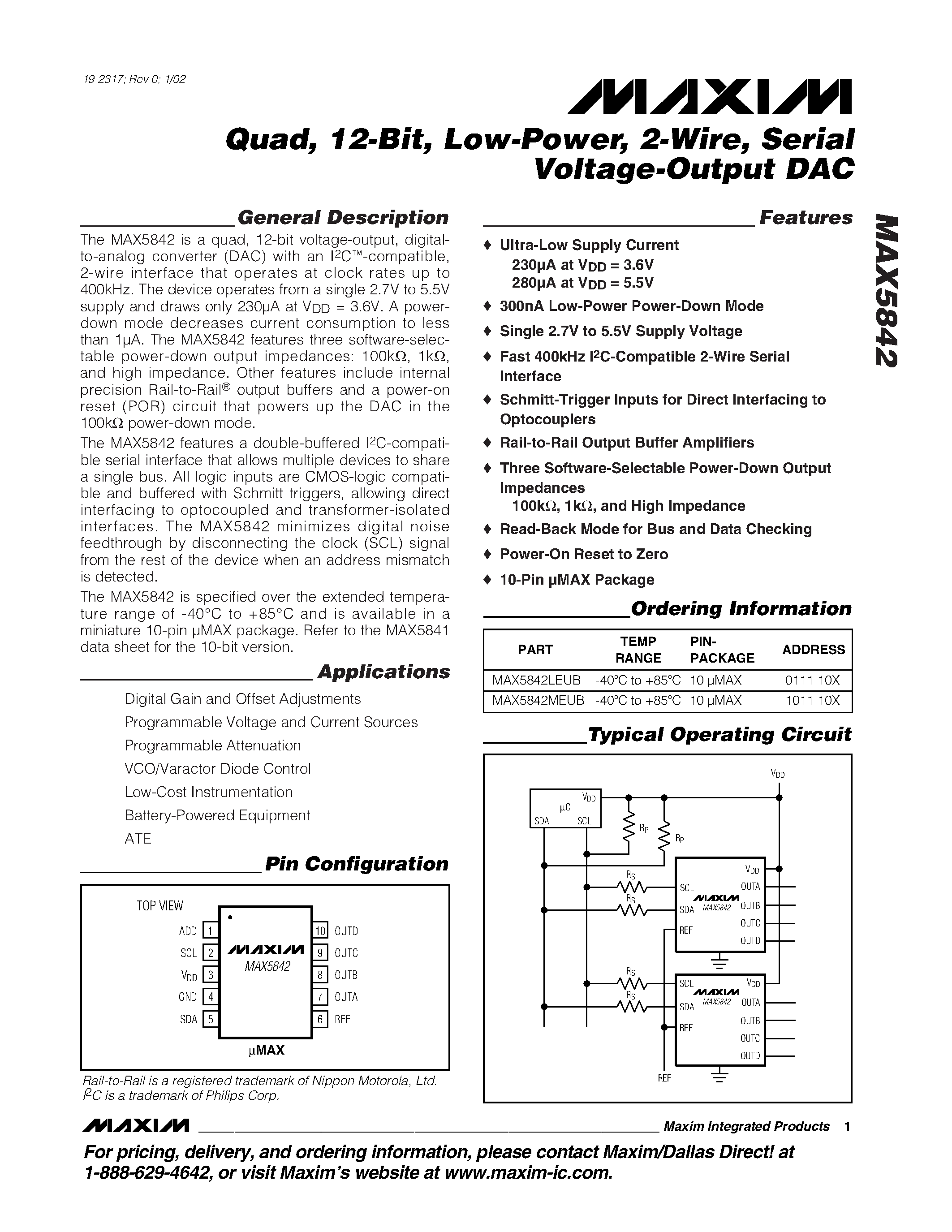 Datasheet MAX5842 - Quad / 12-Bit / Low-Power / 2-Wire / Serial Voltage-Output DAC page 1