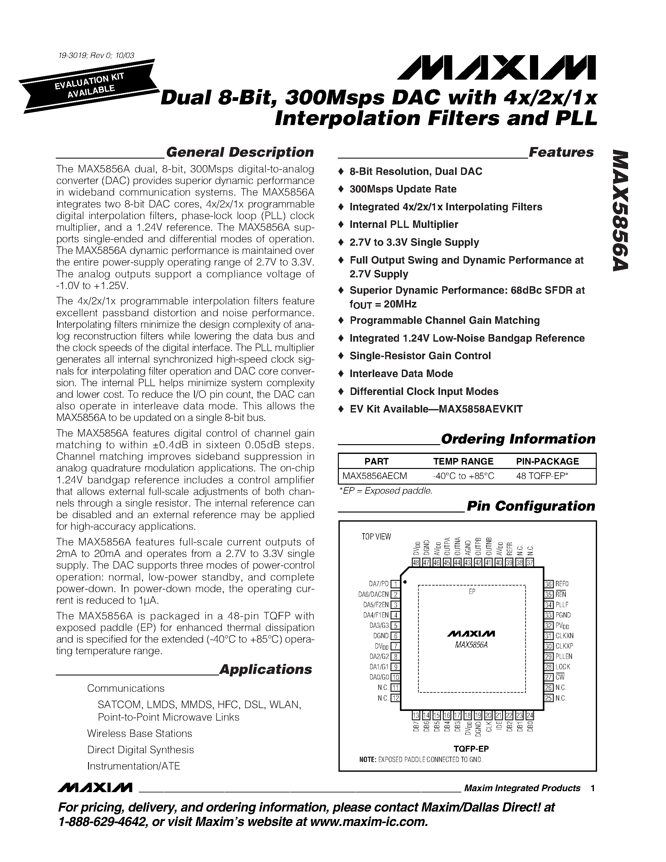 Datasheet MAX5856 - Dual 8-Bit / 300Msps DAC with 4x/2x/1x Interpolation Filters and PLL page 1