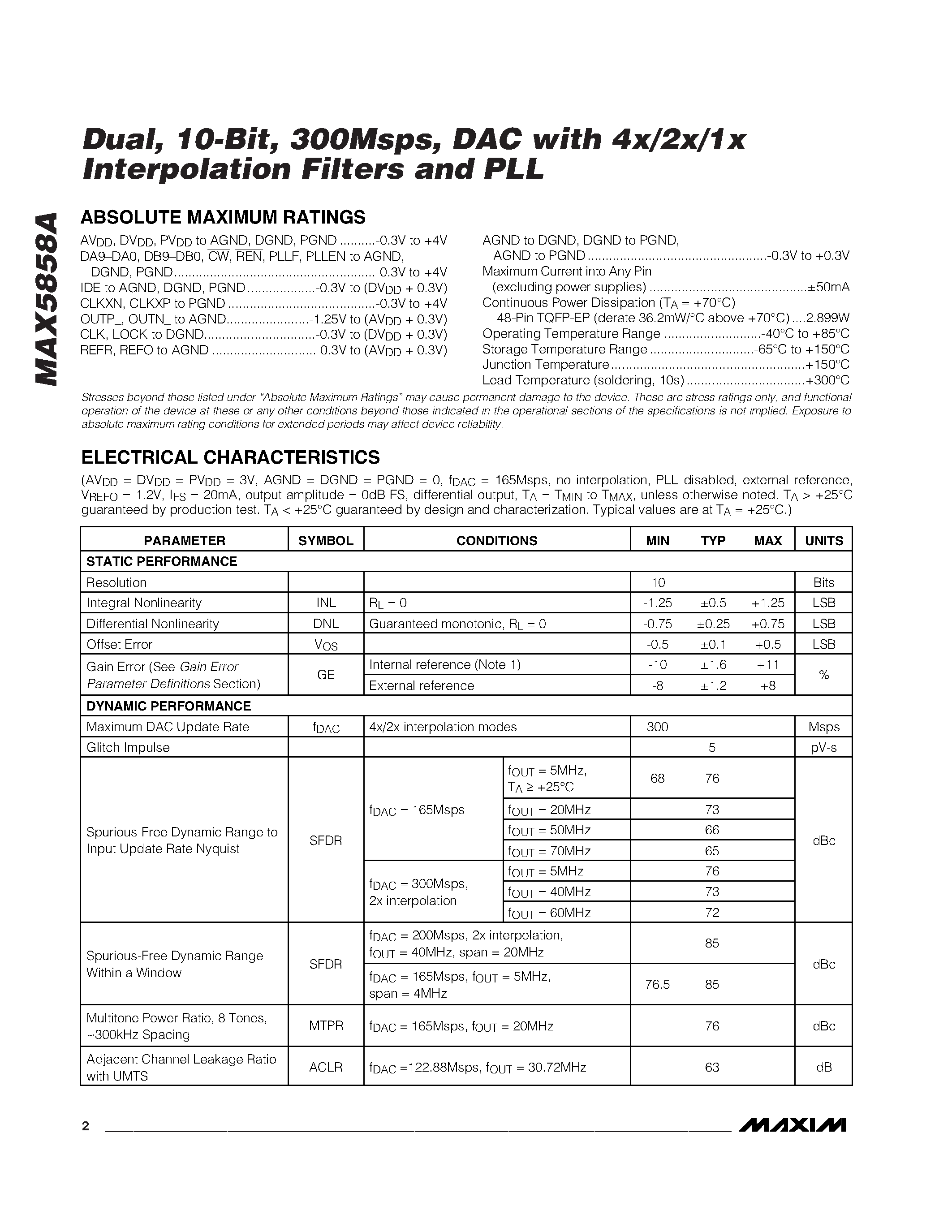 Datasheet MAX5858A - Dual / 10-Bit / 300Msps / DAC with 4x/2x/1x Interpolation Filters and PLL page 2
