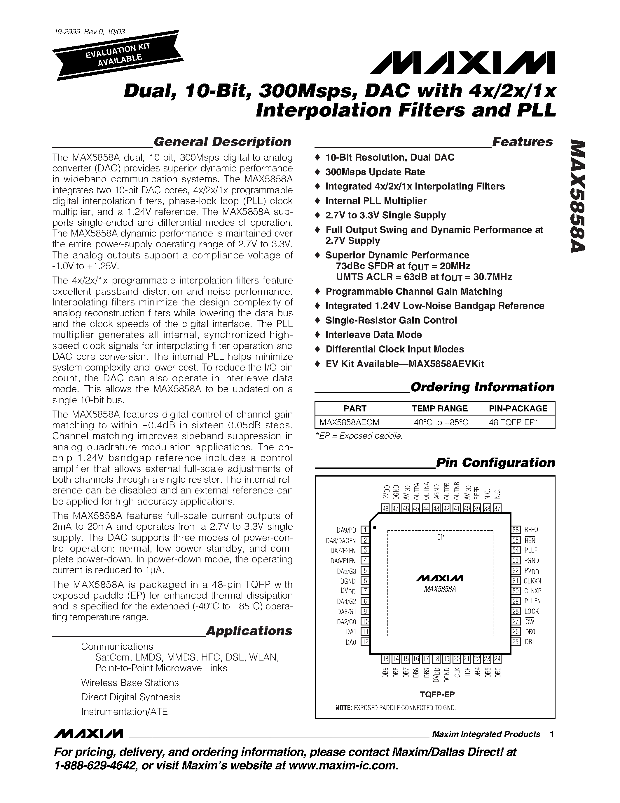 Datasheet MAX5858AECM - Dual / 10-Bit / 300Msps / DAC with 4x/2x/1x Interpolation Filters and PLL page 1