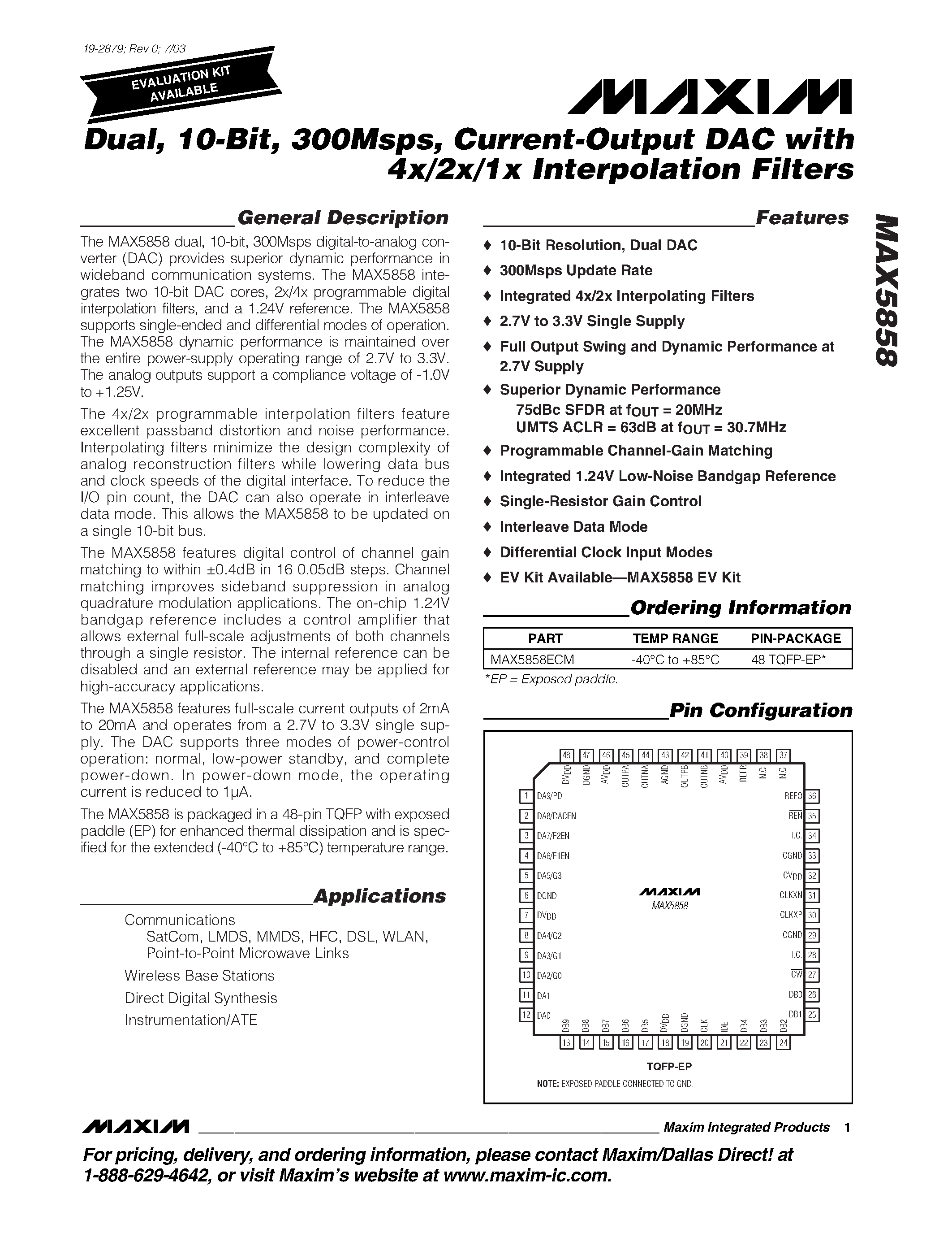 Datasheet MAX5858ECM - Dual / 10-Bit / 300Msps / Current-Output DAC with 4x/2x/1x Interpolation Filters page 1