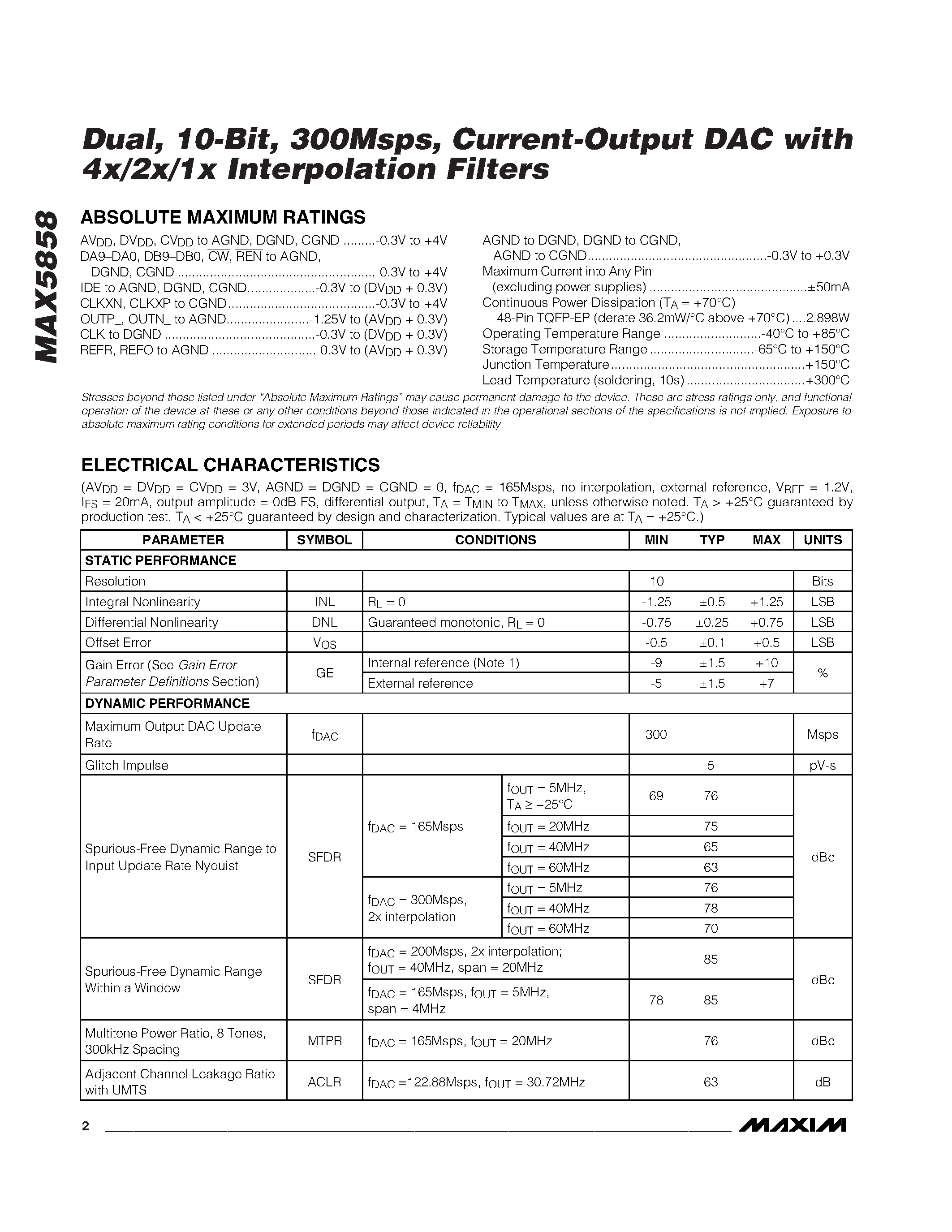 Datasheet MAX5858ECM - Dual / 10-Bit / 300Msps / Current-Output DAC with 4x/2x/1x Interpolation Filters page 2