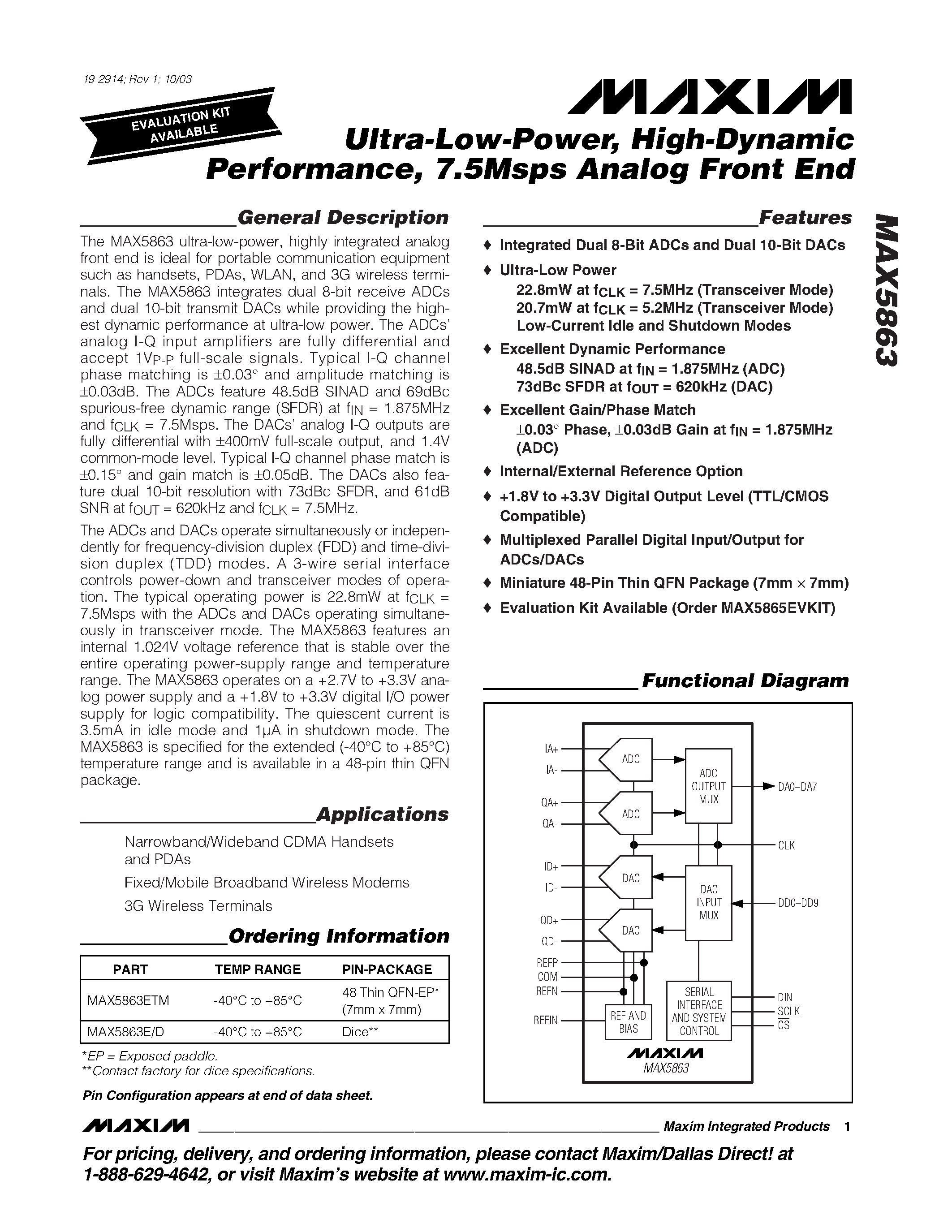 Даташит MAX5863 - Ultra-Low-Power / High-Dynamic Performance / 7.5Msps Analog Front End страница 1