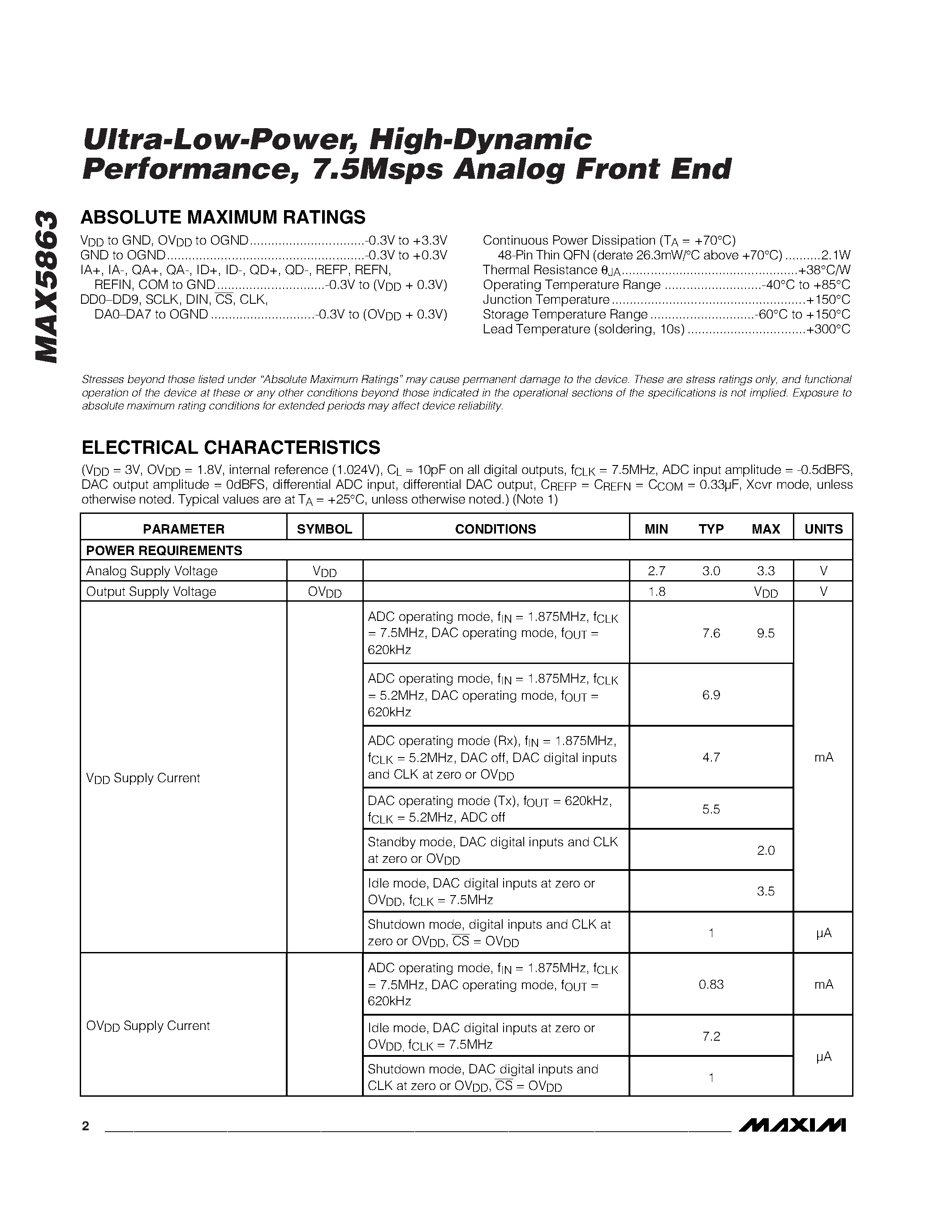 Даташит MAX5863 - Ultra-Low-Power / High-Dynamic Performance / 7.5Msps Analog Front End страница 2