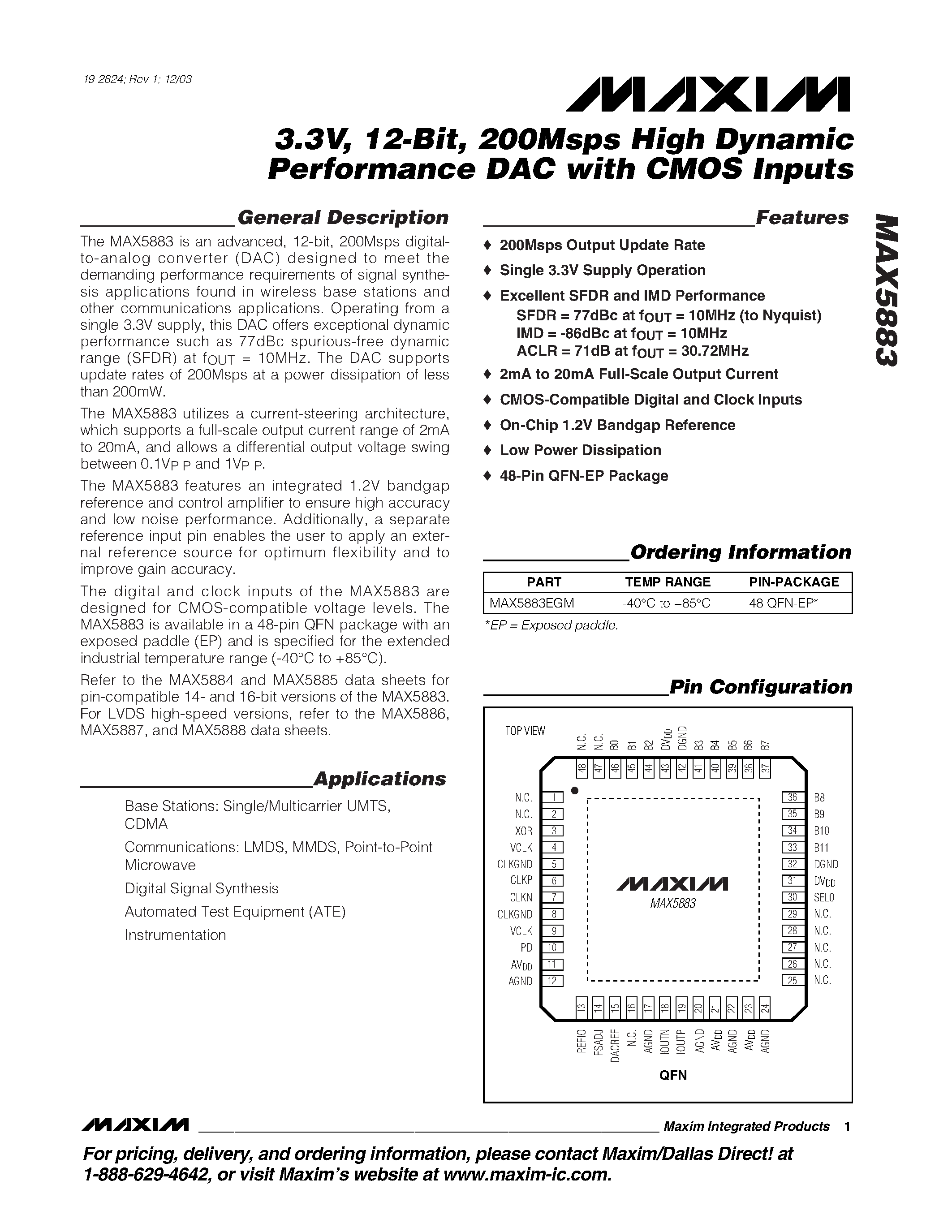 Datasheet MAX5883 - 3.3V / 12-Bit / 200Msps High Dynamic Performance DAC with CMOS Inputs page 1