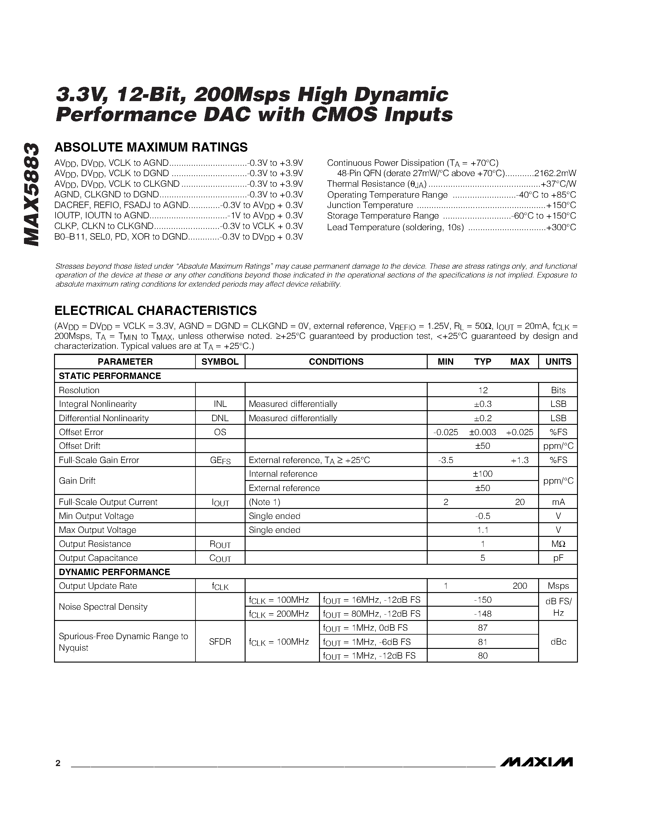 Datasheet MAX5883 - 3.3V / 12-Bit / 200Msps High Dynamic Performance DAC with CMOS Inputs page 2