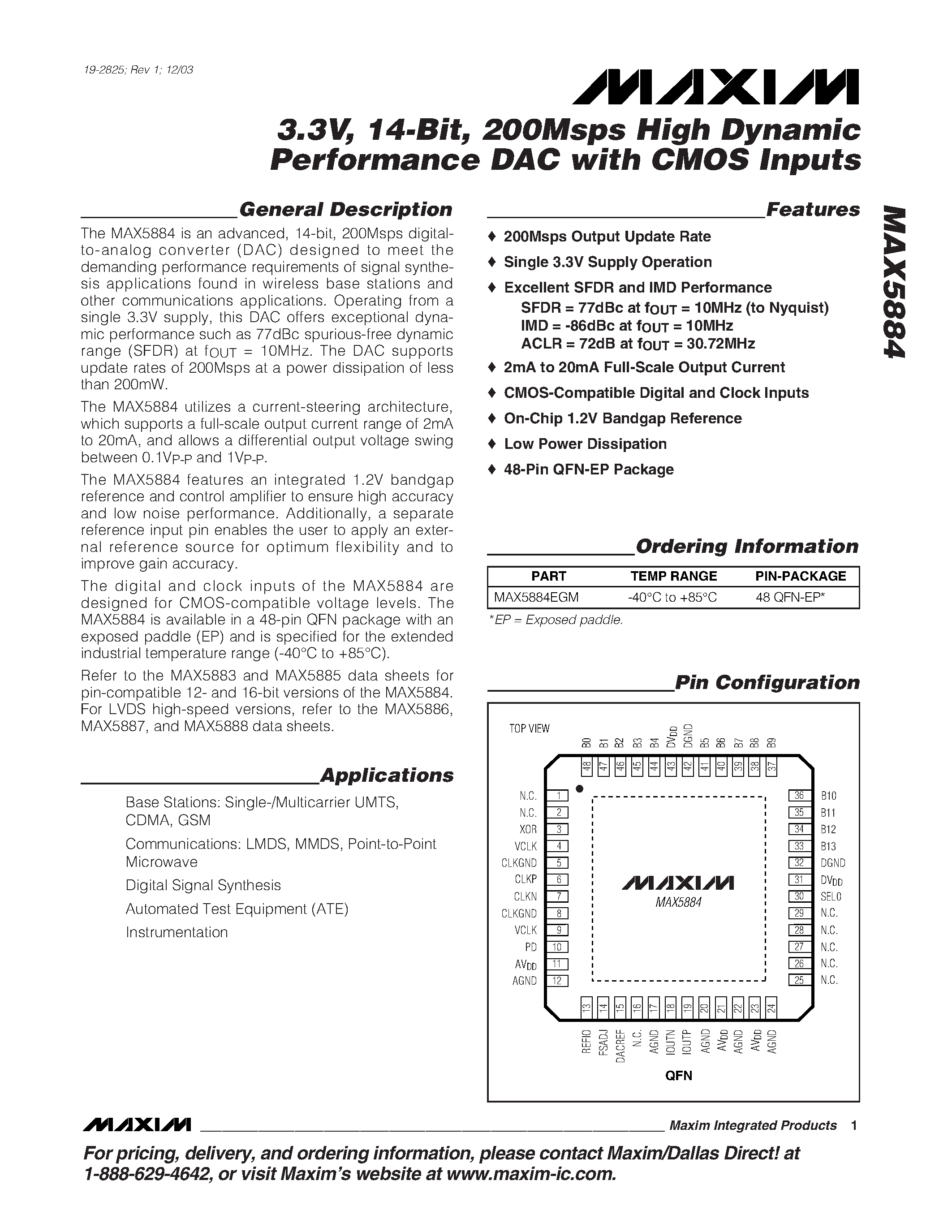Datasheet MAX5884 - 3.3V / 14-Bit / 200Msps High Dynamic Performance DAC with CMOS Inputs page 1