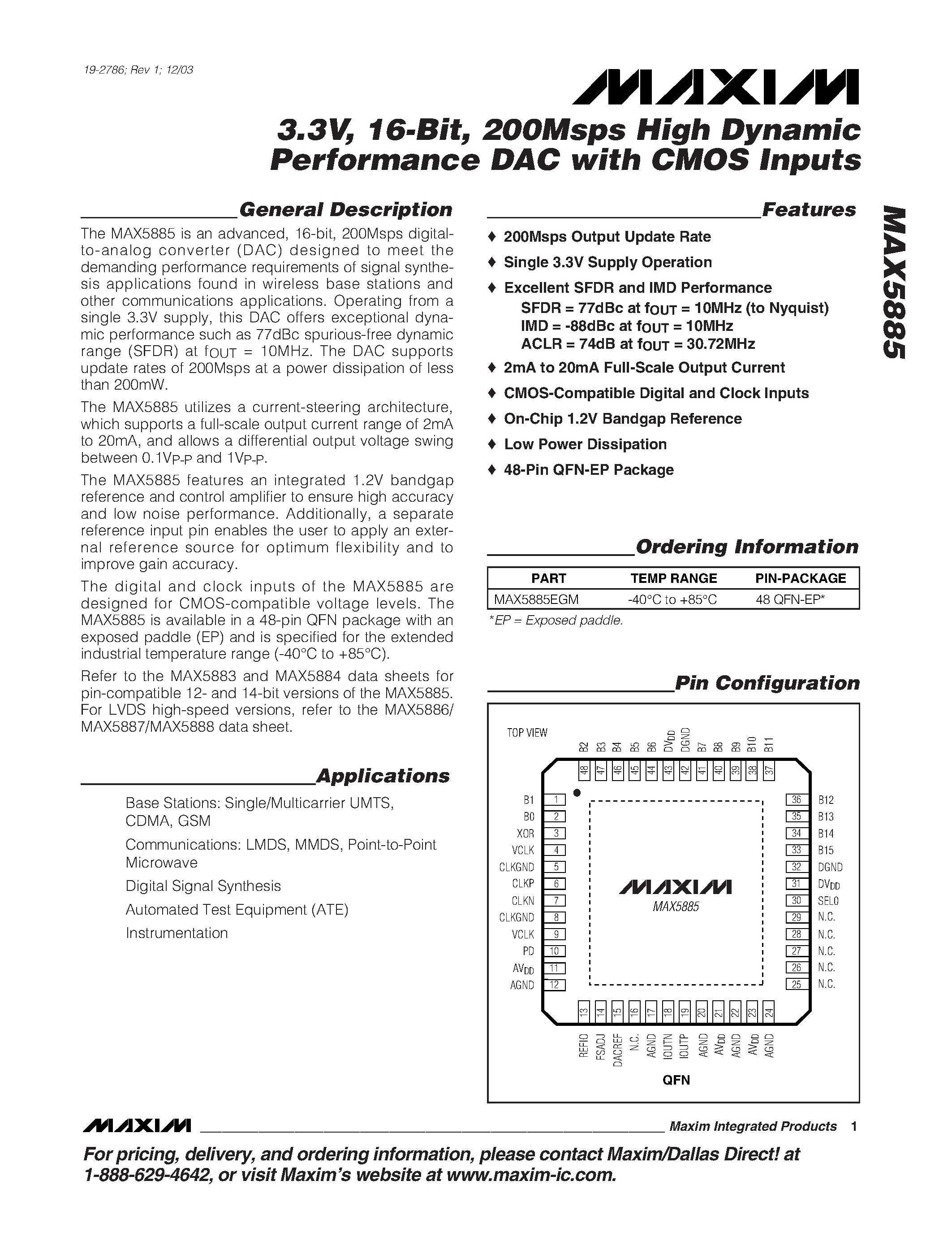 Datasheet MAX5885 - 3.3V / 16-Bit / 200Msps High Dynamic Performance DAC with CMOS Inputs page 1