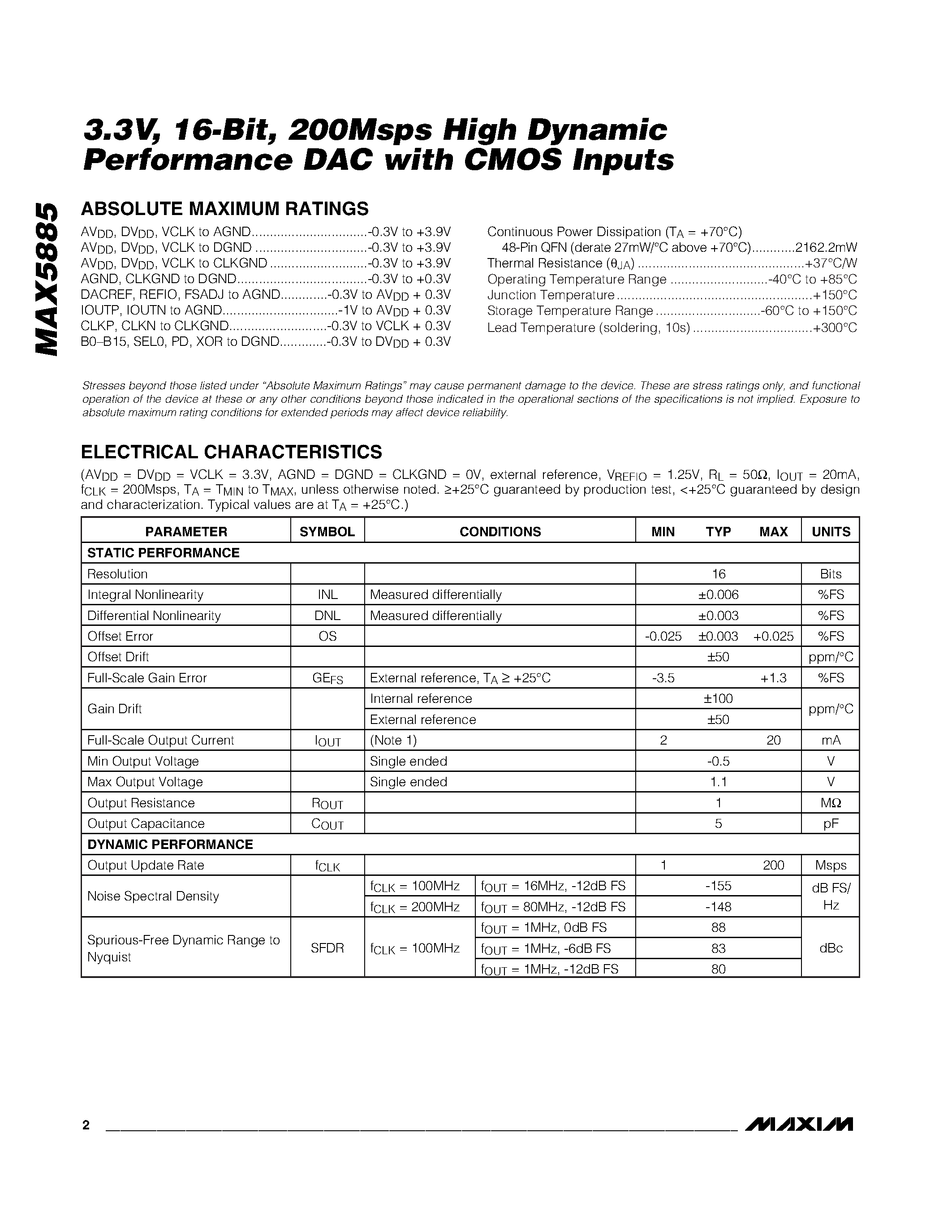 Datasheet MAX5885 - 3.3V / 16-Bit / 200Msps High Dynamic Performance DAC with CMOS Inputs page 2