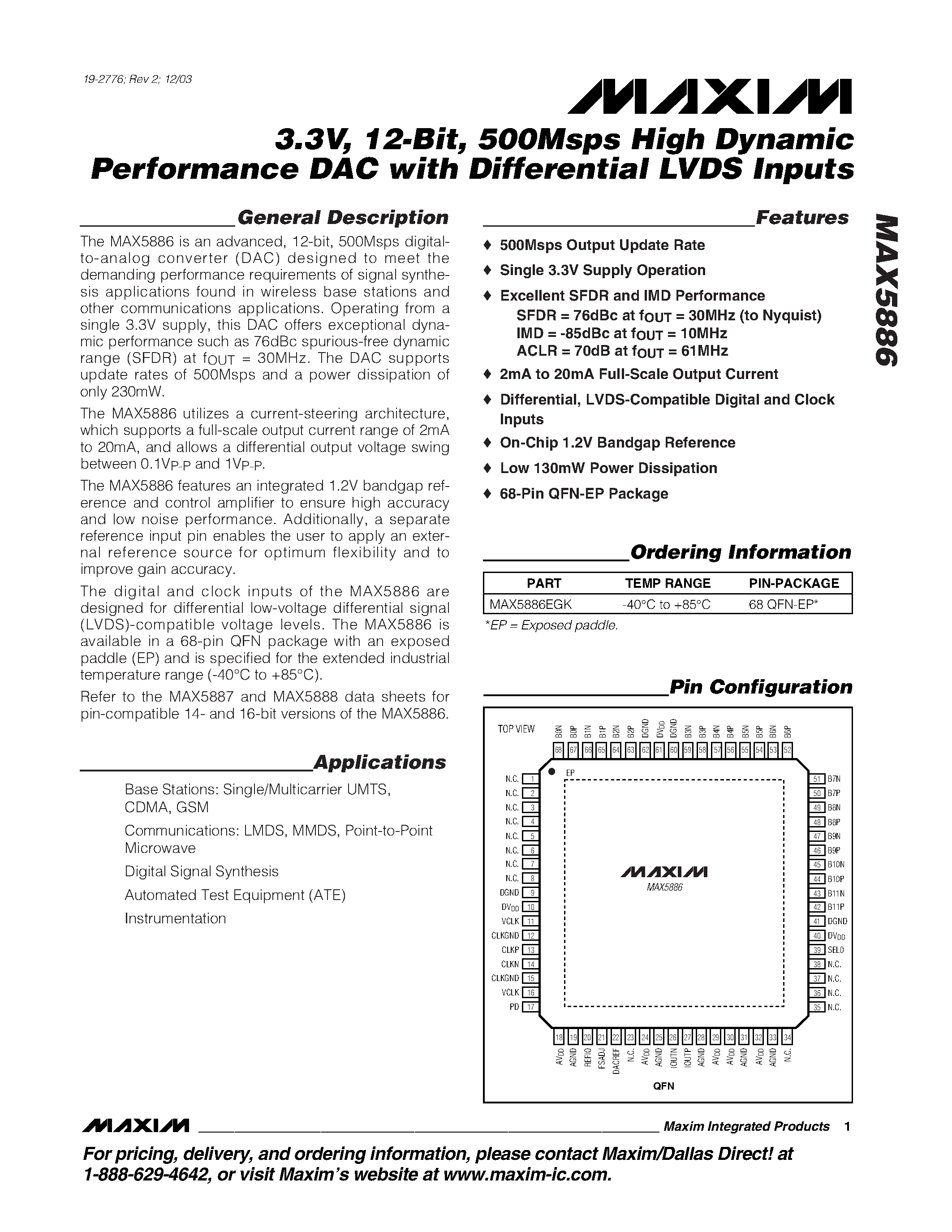 Datasheet MAX5886 - 3.3V / 12-Bit / 500Msps High Dynamic Performance DAC with Differential LVDS Inputs page 1