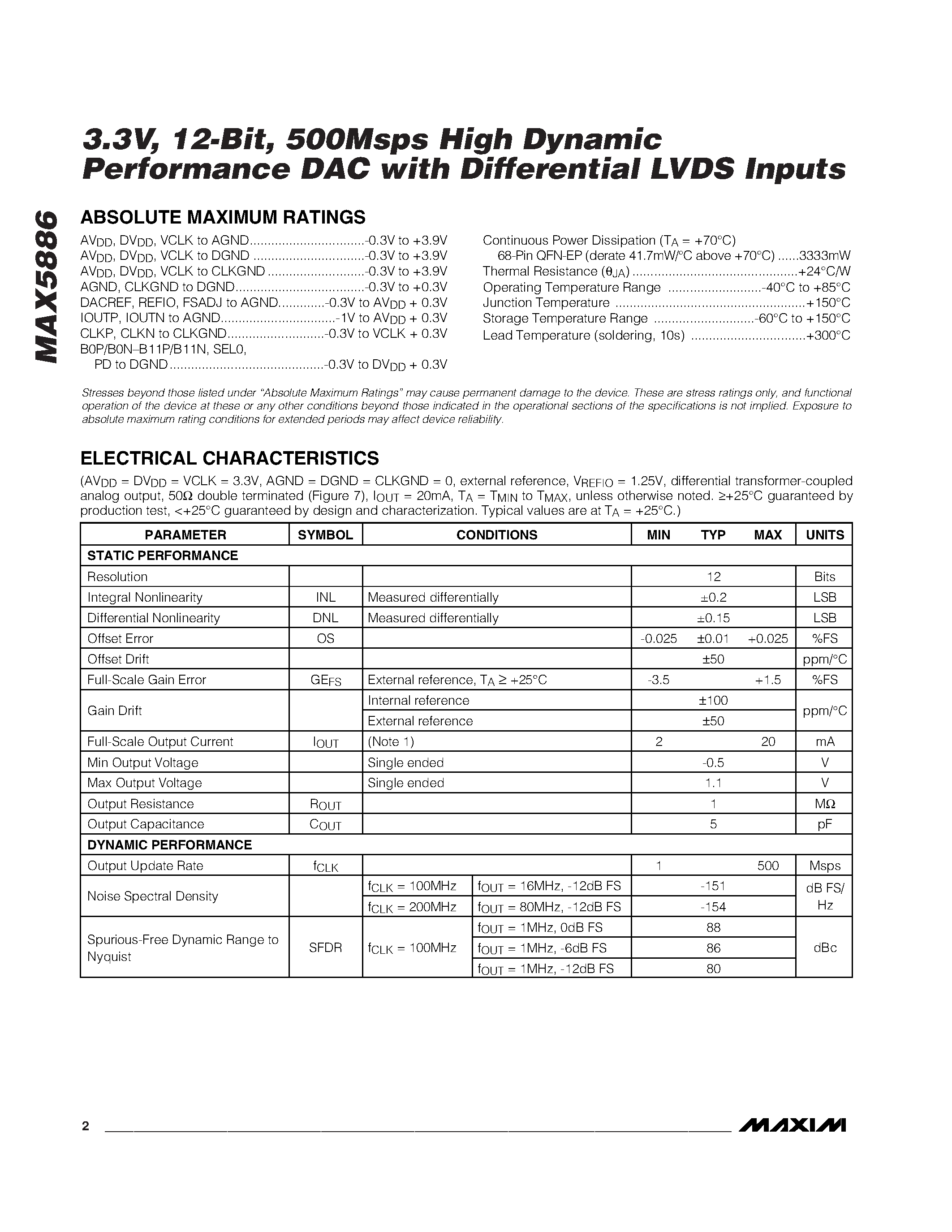 Datasheet MAX5886 - 3.3V / 12-Bit / 500Msps High Dynamic Performance DAC with Differential LVDS Inputs page 2
