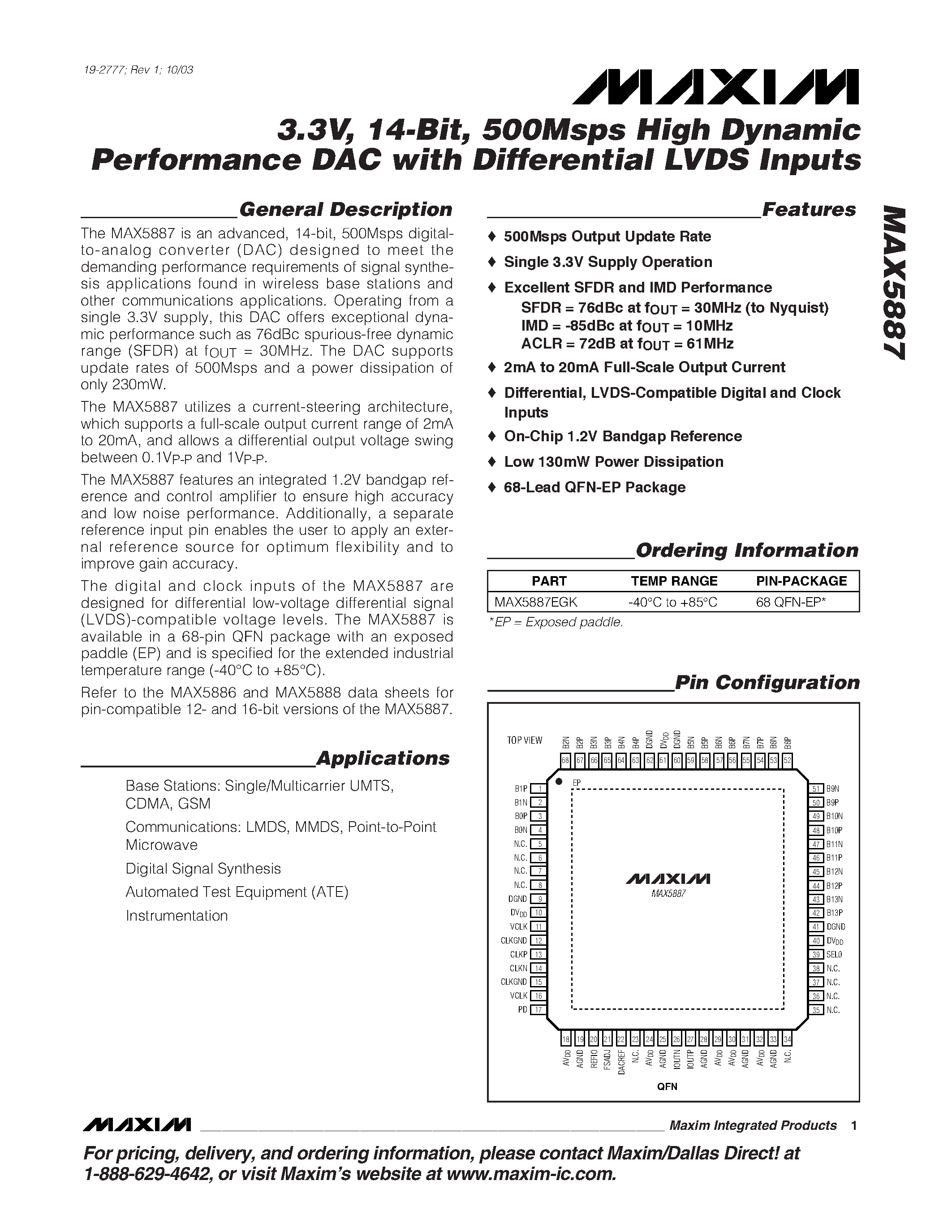 Datasheet MAX5887 - 3.3V / 14-Bit / 500Msps High Dynamic Performance DAC with Differential LVDS Inputs page 1