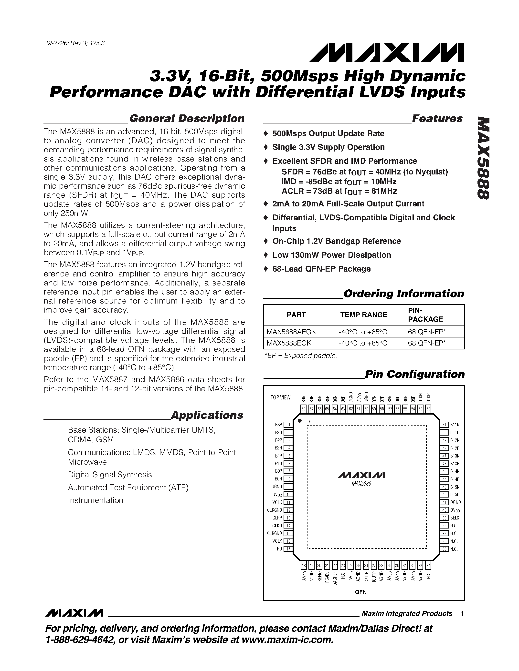 Datasheet MAX5888 - 3.3V / 16-Bit / 500Msps High Dynamic Performance DAC with Differential LVDS Inputs page 1