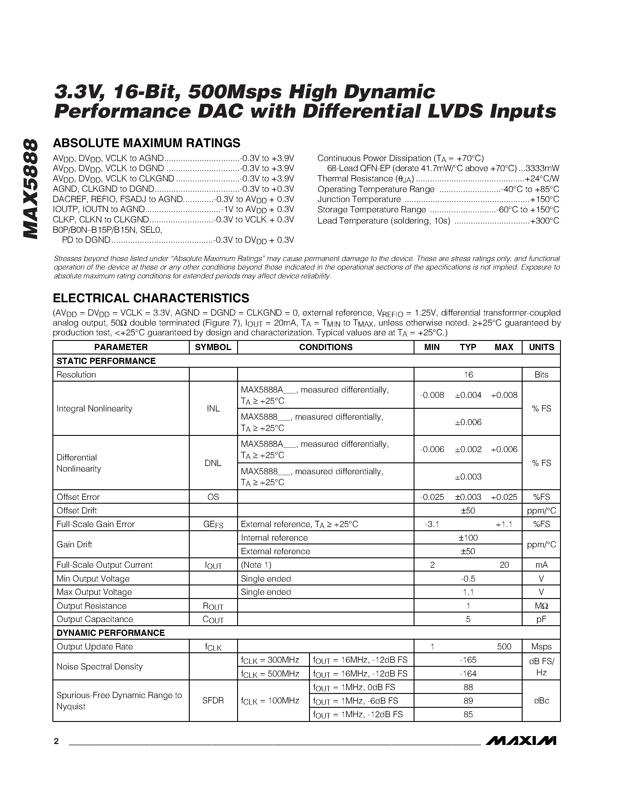 Datasheet MAX5888 - 3.3V / 16-Bit / 500Msps High Dynamic Performance DAC with Differential LVDS Inputs page 2