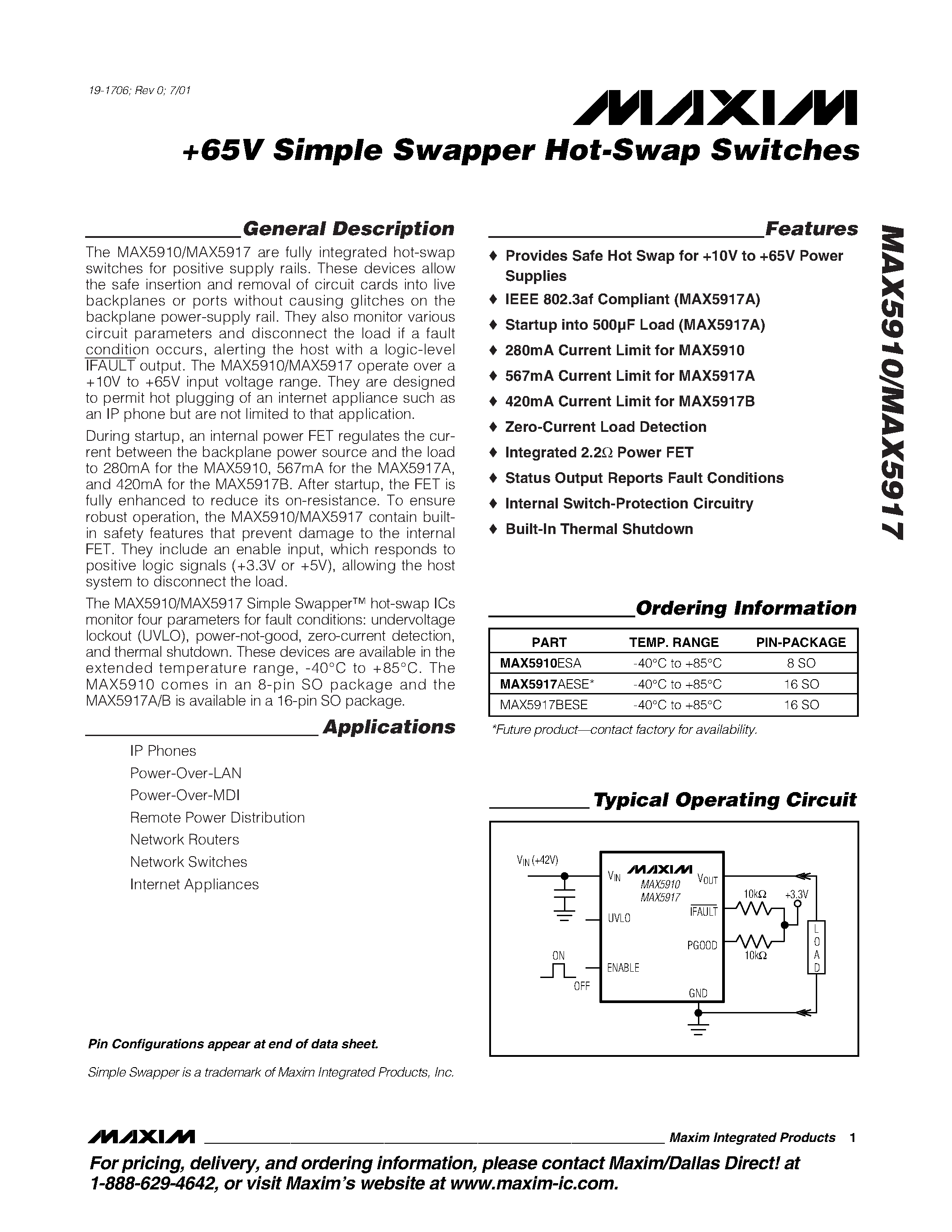 Даташит на микросхему MAX5910 страница 1 Даташит MAX5910 - +65V Simple Swapper Hot-Swap Switches страница 1
