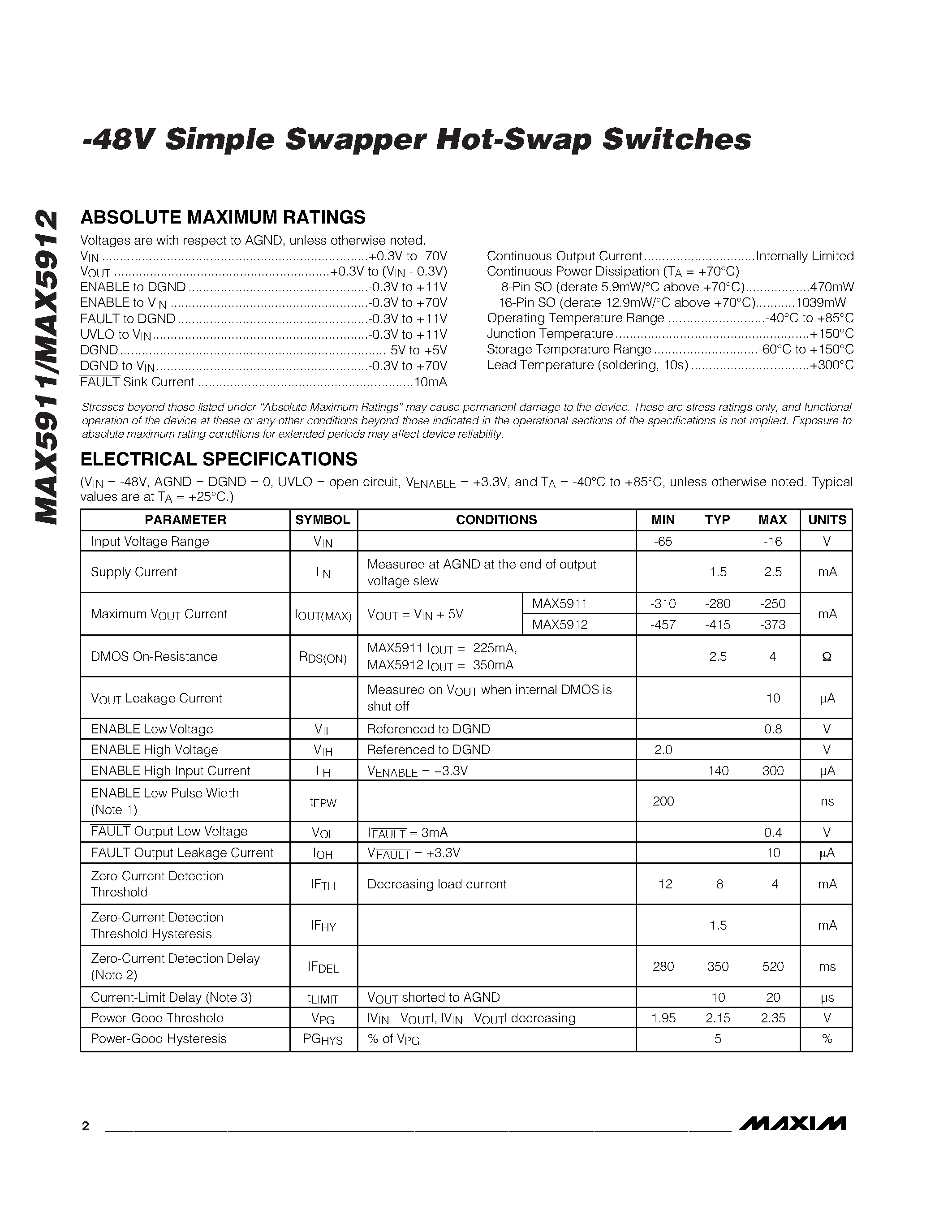 Даташит MAX5911ESA - -48V Simple Swapper Hot-Swap Switches страница 2