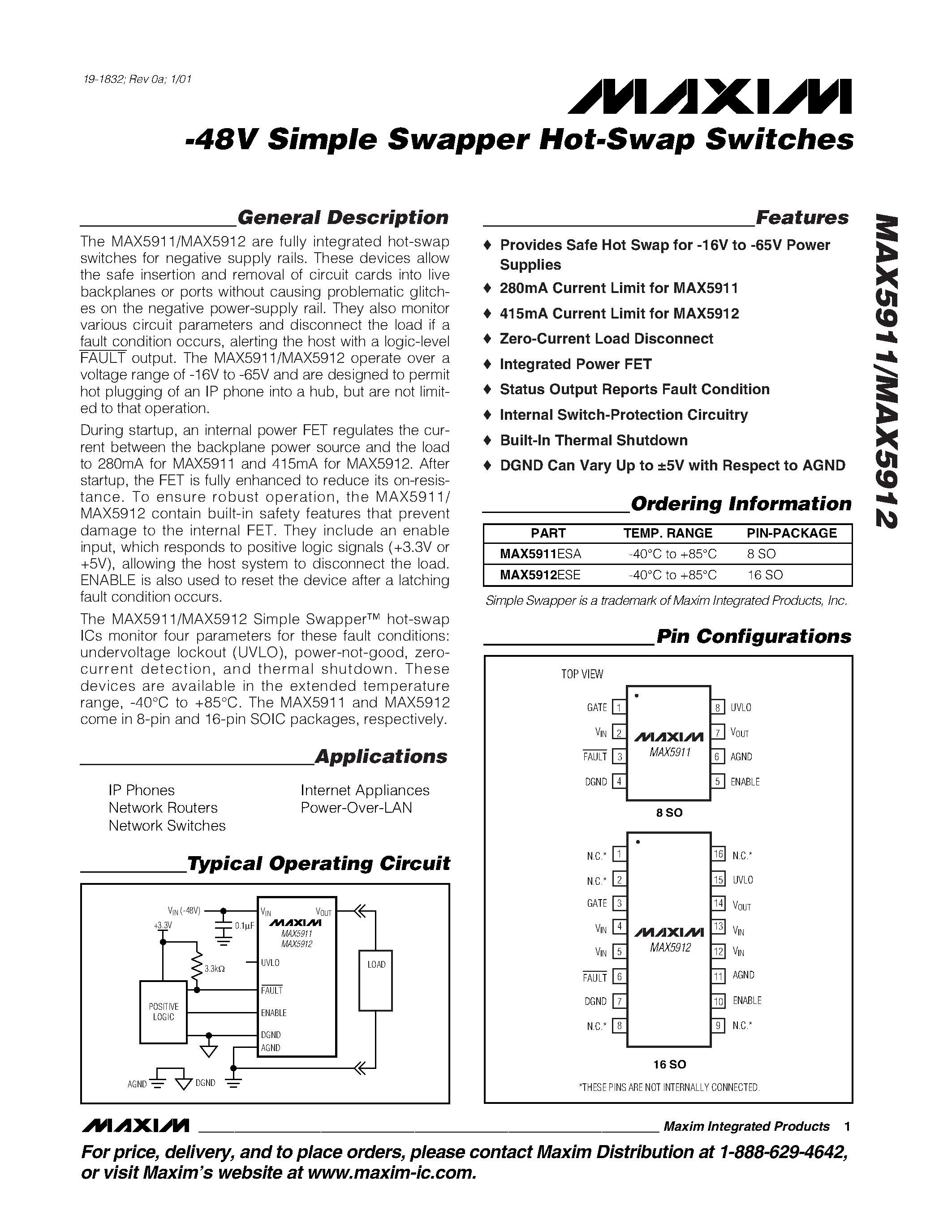 Даташит на микросхему MAX5912ESE страница 1 Даташит MAX5912ESE - -48V Simple Swapper Hot-Swap Switches страница 1