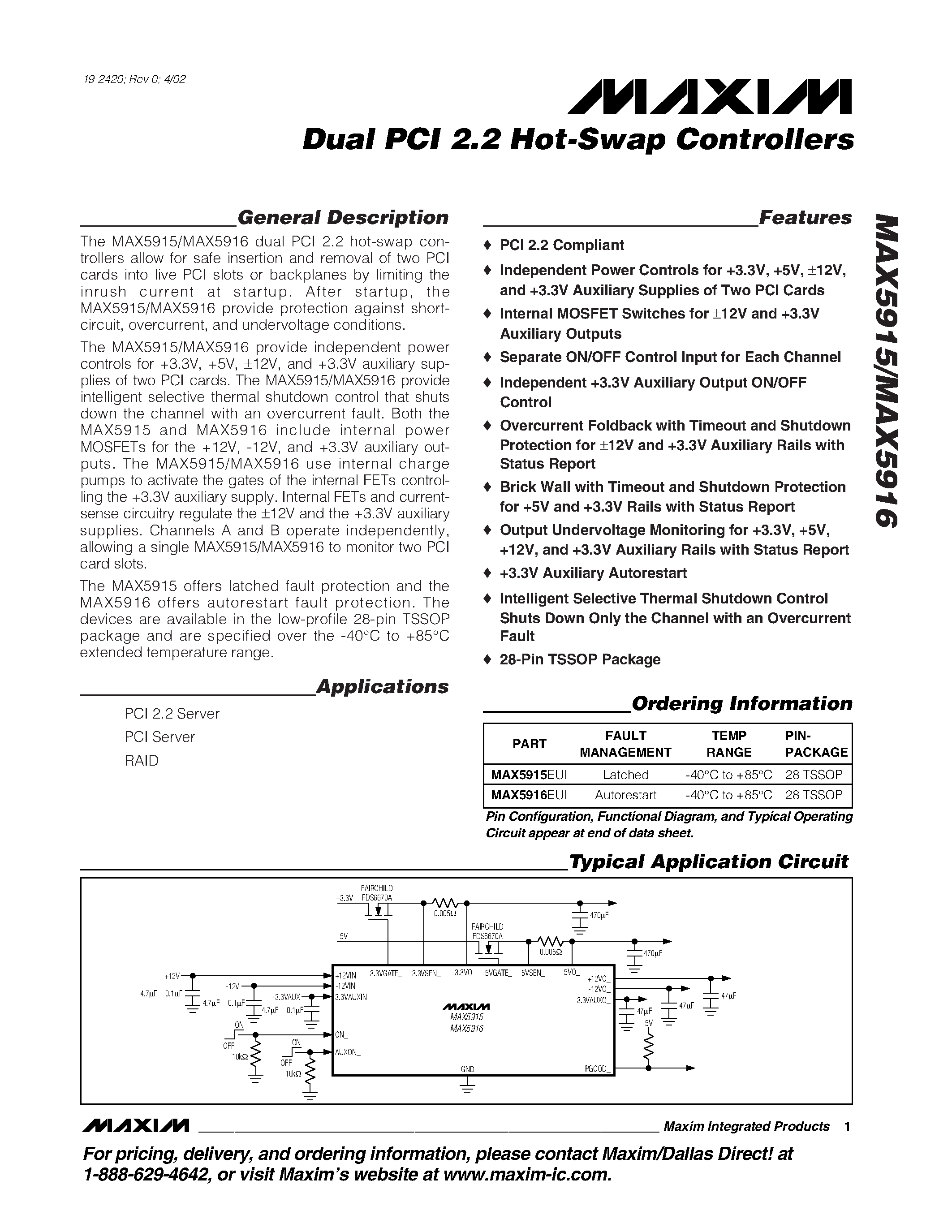 Datasheet MAX5915 - Dual PCI 2.2 Hot-Swap Controllers page 1