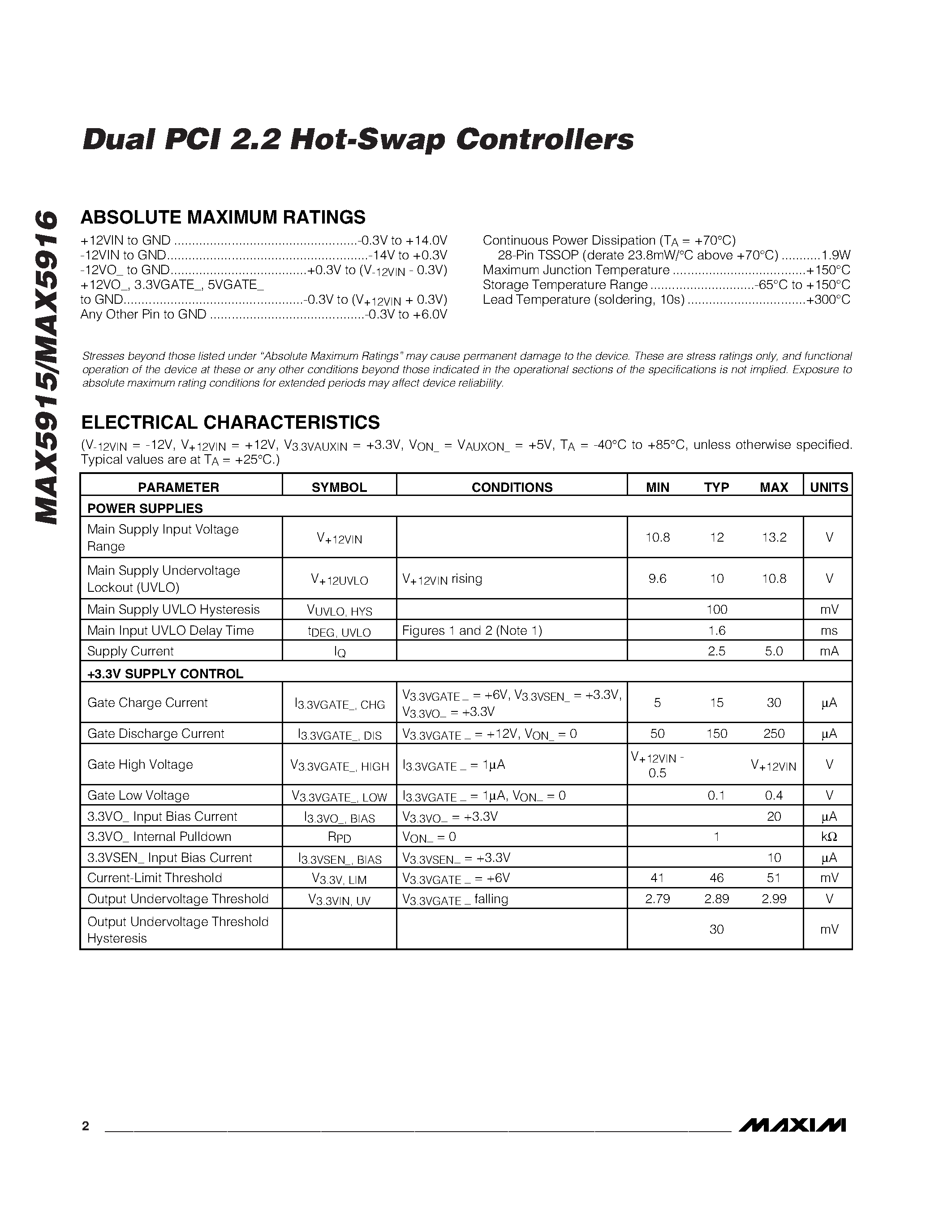 Datasheet MAX5915 - Dual PCI 2.2 Hot-Swap Controllers page 2