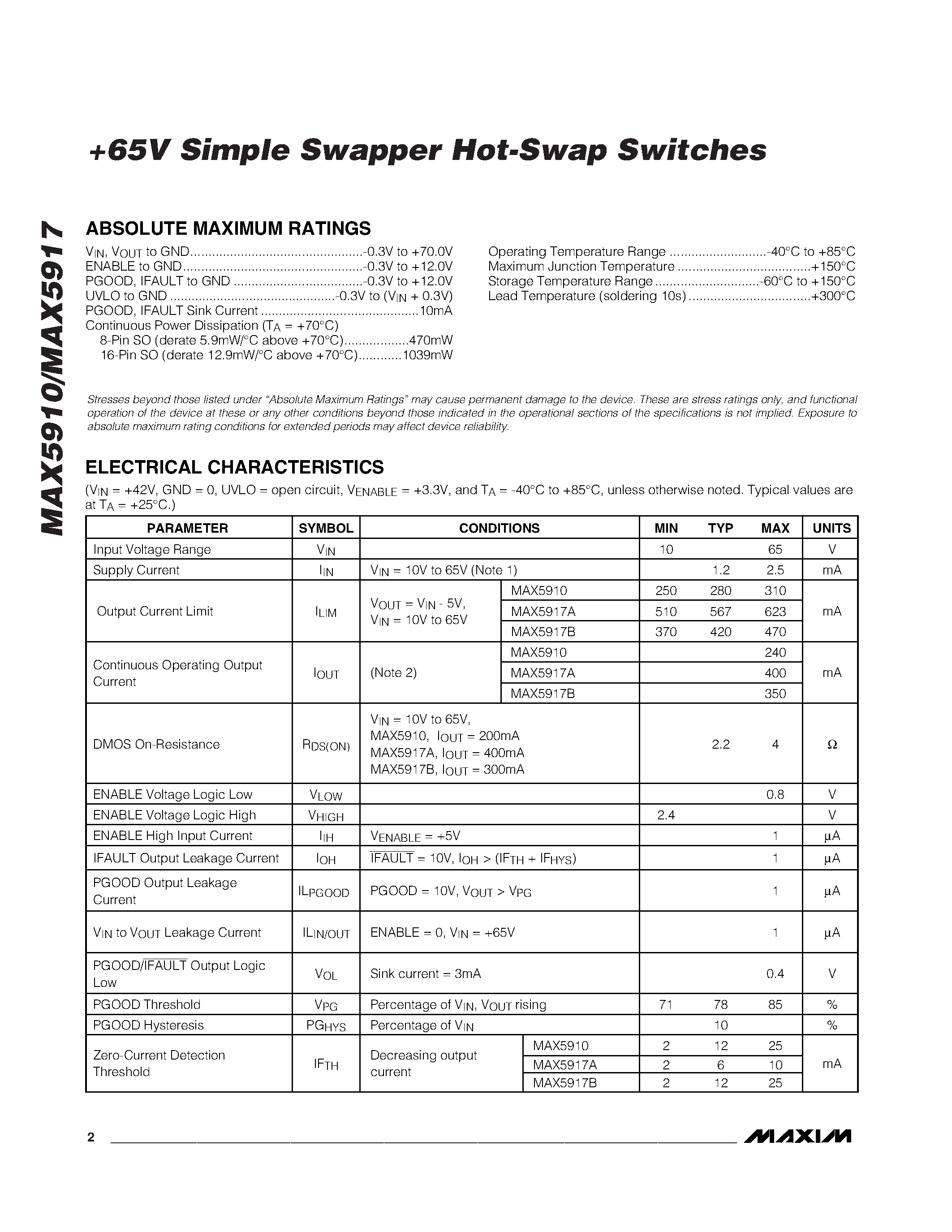 Даташит на микросхему MAX5917BESE страница 2 Даташит MAX5917BESE - +65V Simple Swapper Hot-Swap Switches страница 2
