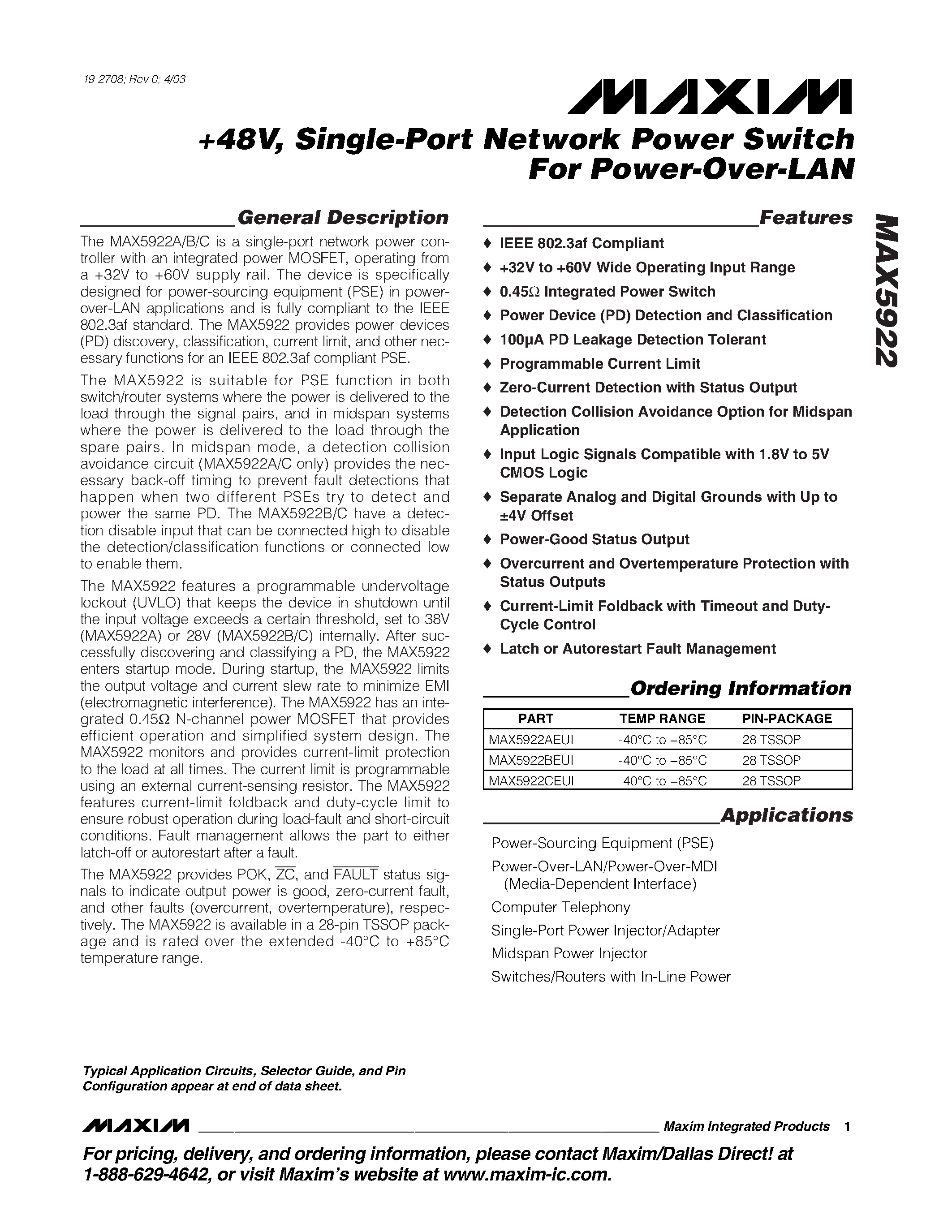 Datasheet MAX5922 page 1 Datasheet MAX5922 - +48V / Single-Port Network Power Switch For Power-Over-LAN page 1