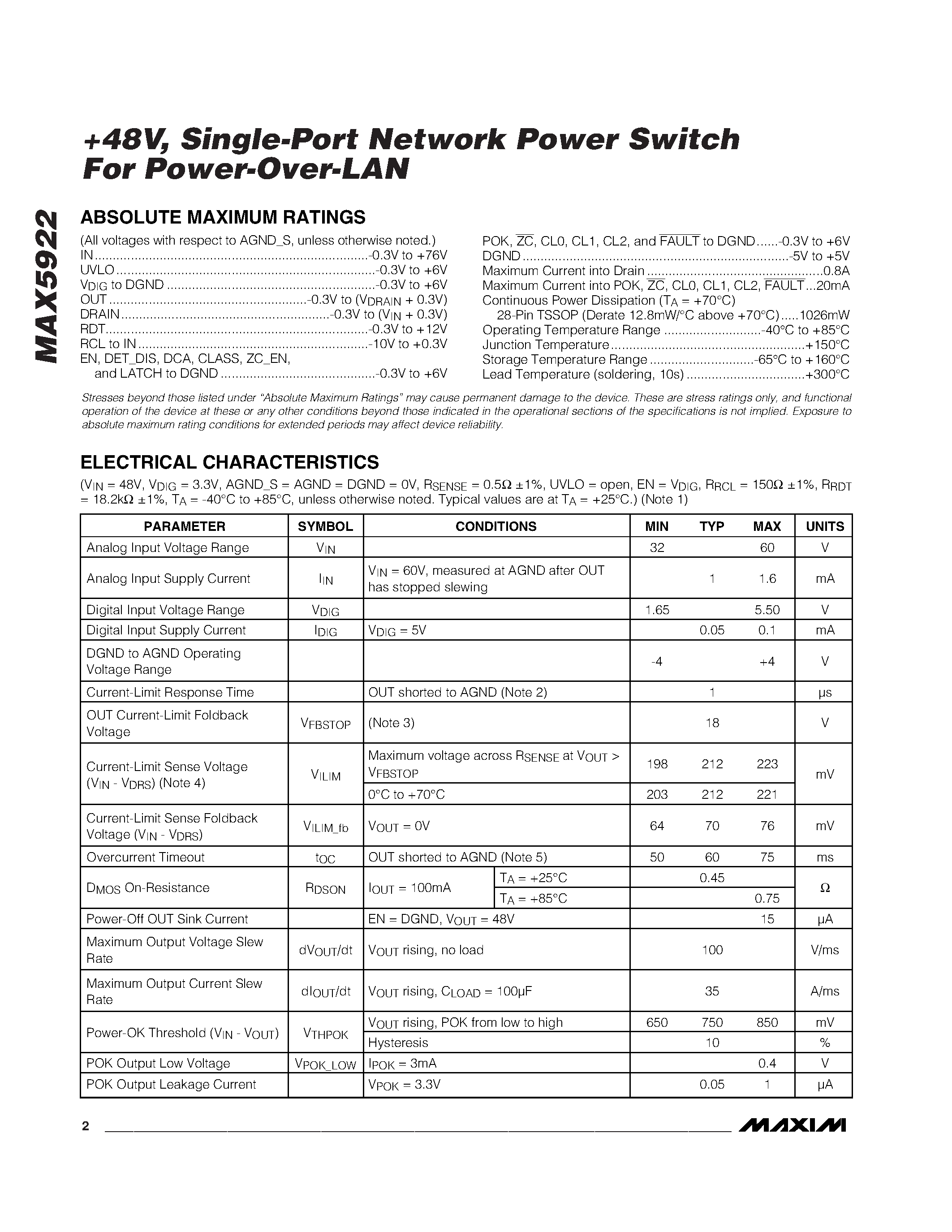 Datasheet MAX5922 page 2 Datasheet MAX5922 - +48V / Single-Port Network Power Switch For Power-Over-LAN page 2