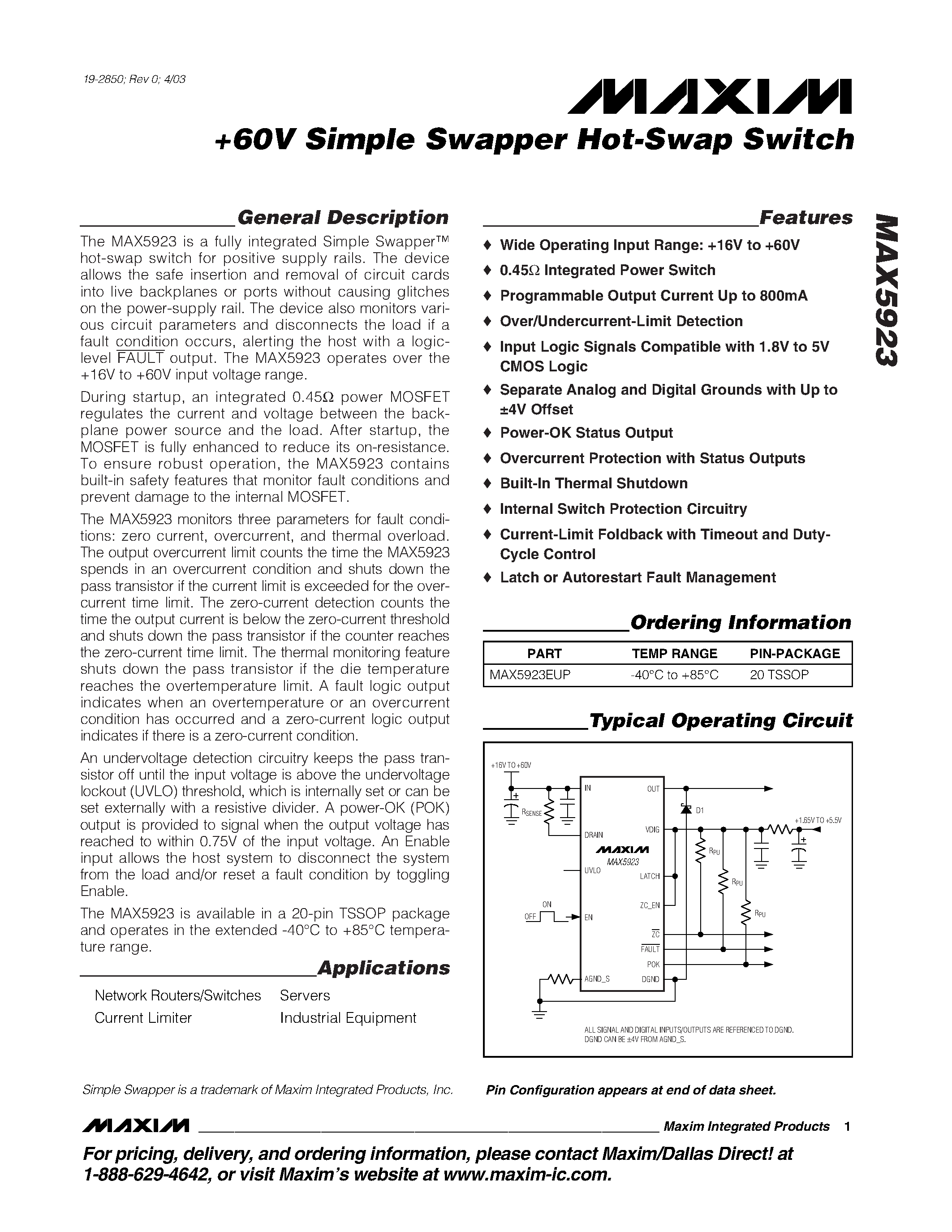 Datasheet MAX5923 page 1 Datasheet MAX5923 - +60V Simple Swapper Hot-Swap Switch page 1