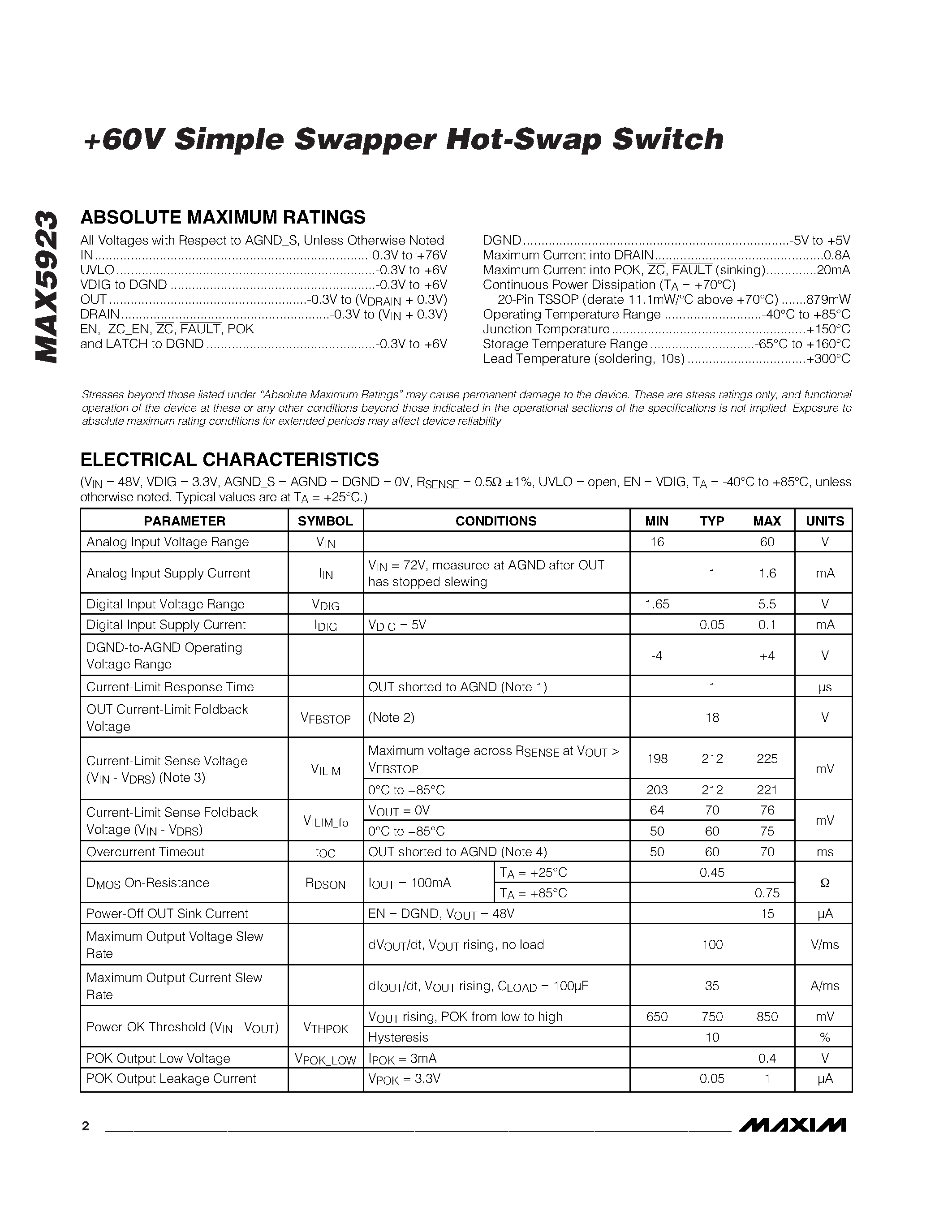 Datasheet MAX5923 page 2 Datasheet MAX5923 - +60V Simple Swapper Hot-Swap Switch page 2