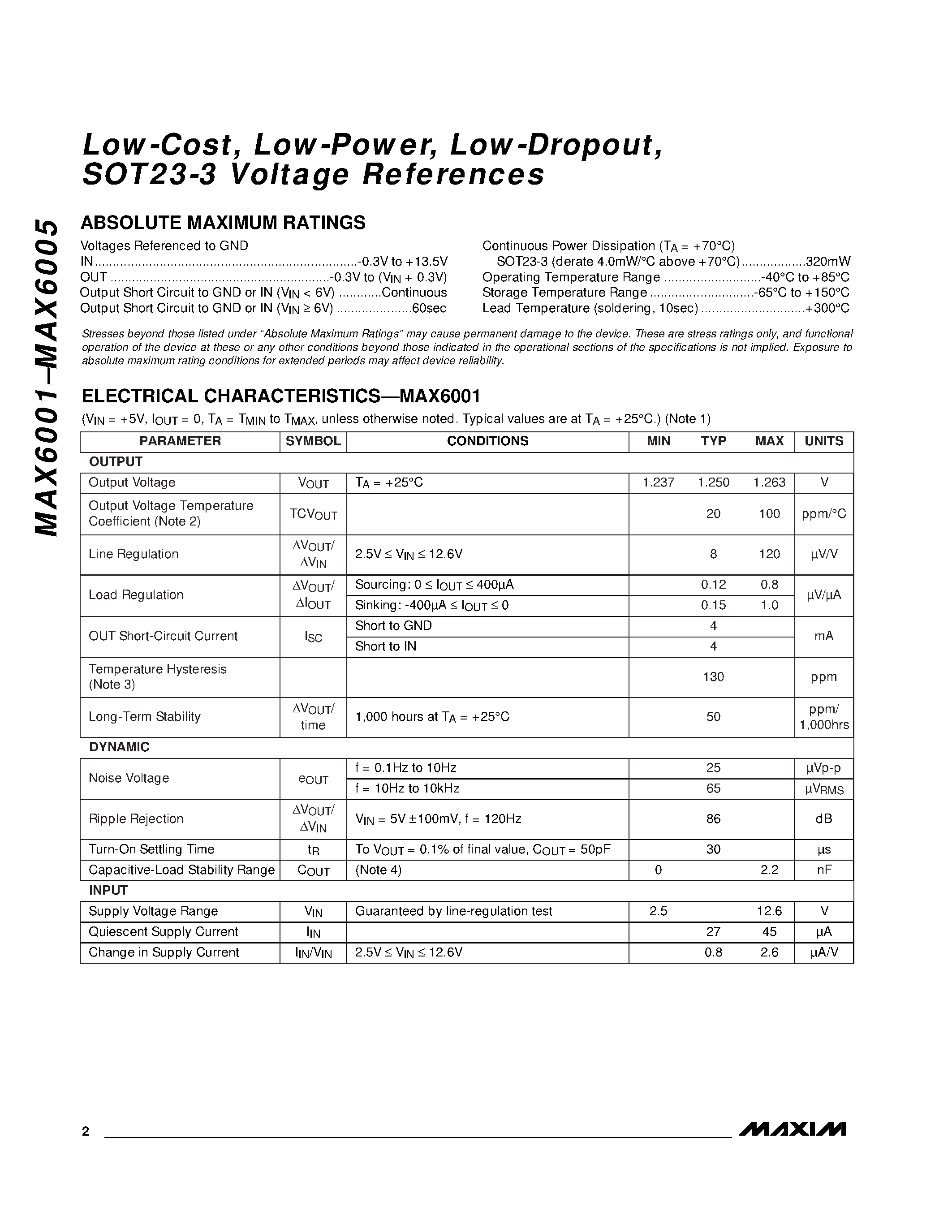 Datasheet MAX6001 - Low-Cost / Low-Power / Low-Dropout / SOT23-3 Voltage References page 2