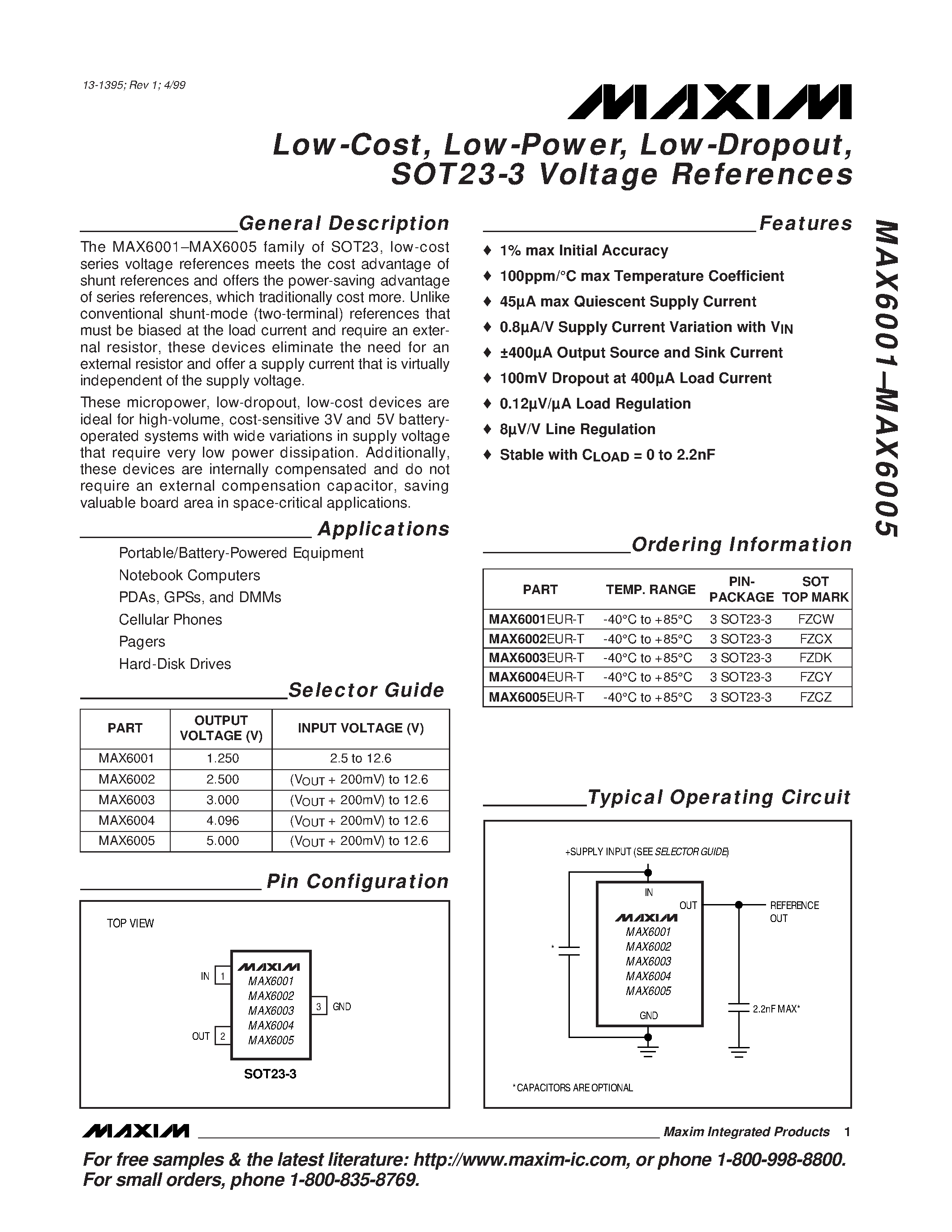 Datasheet MAX6004 - Low-Cost / Low-Power / Low-Dropout / SOT23-3 Voltage References page 1