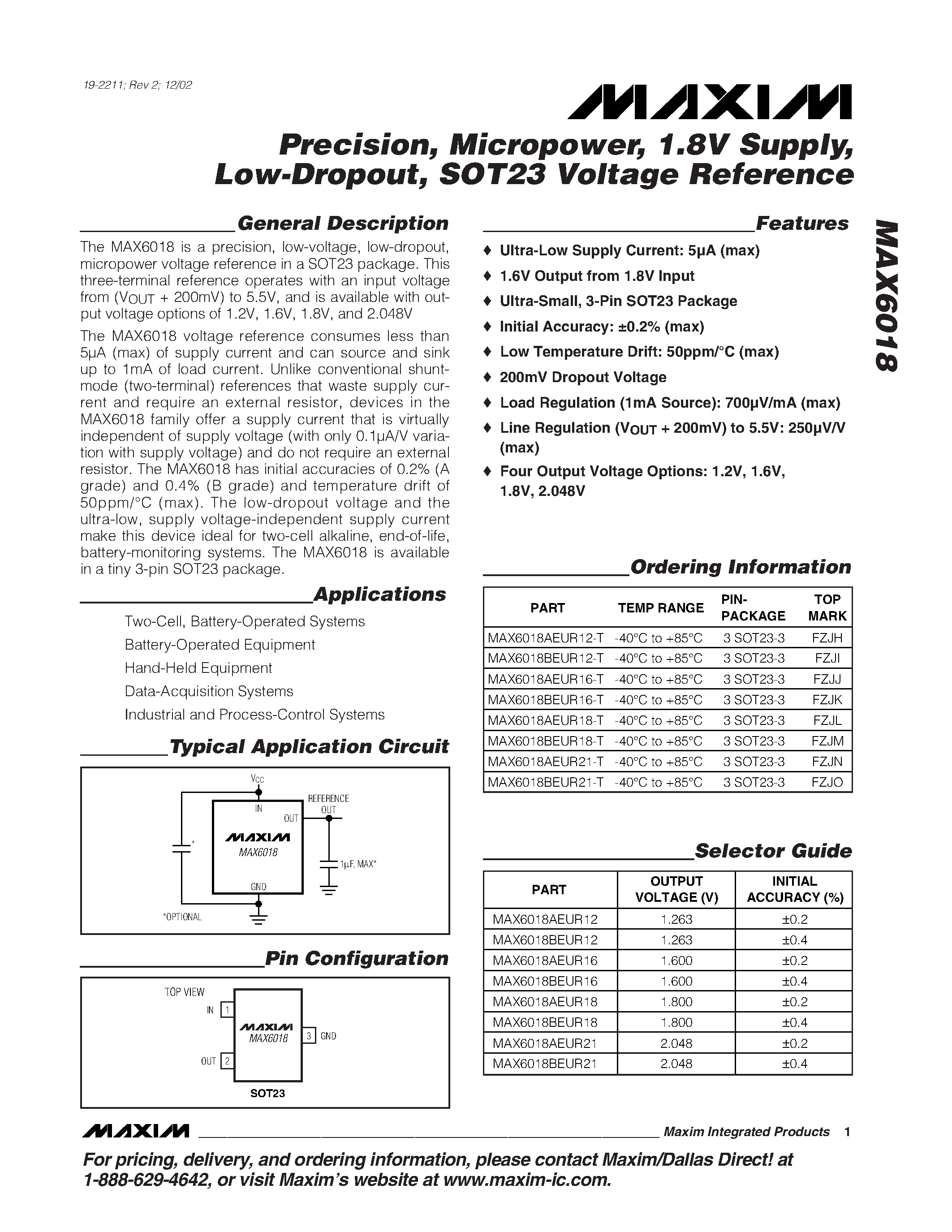 Datasheet MAX6018 - Precision / Micropower / 1.8V Supply / Low-Dropout / SOT23 Voltage Reference page 1