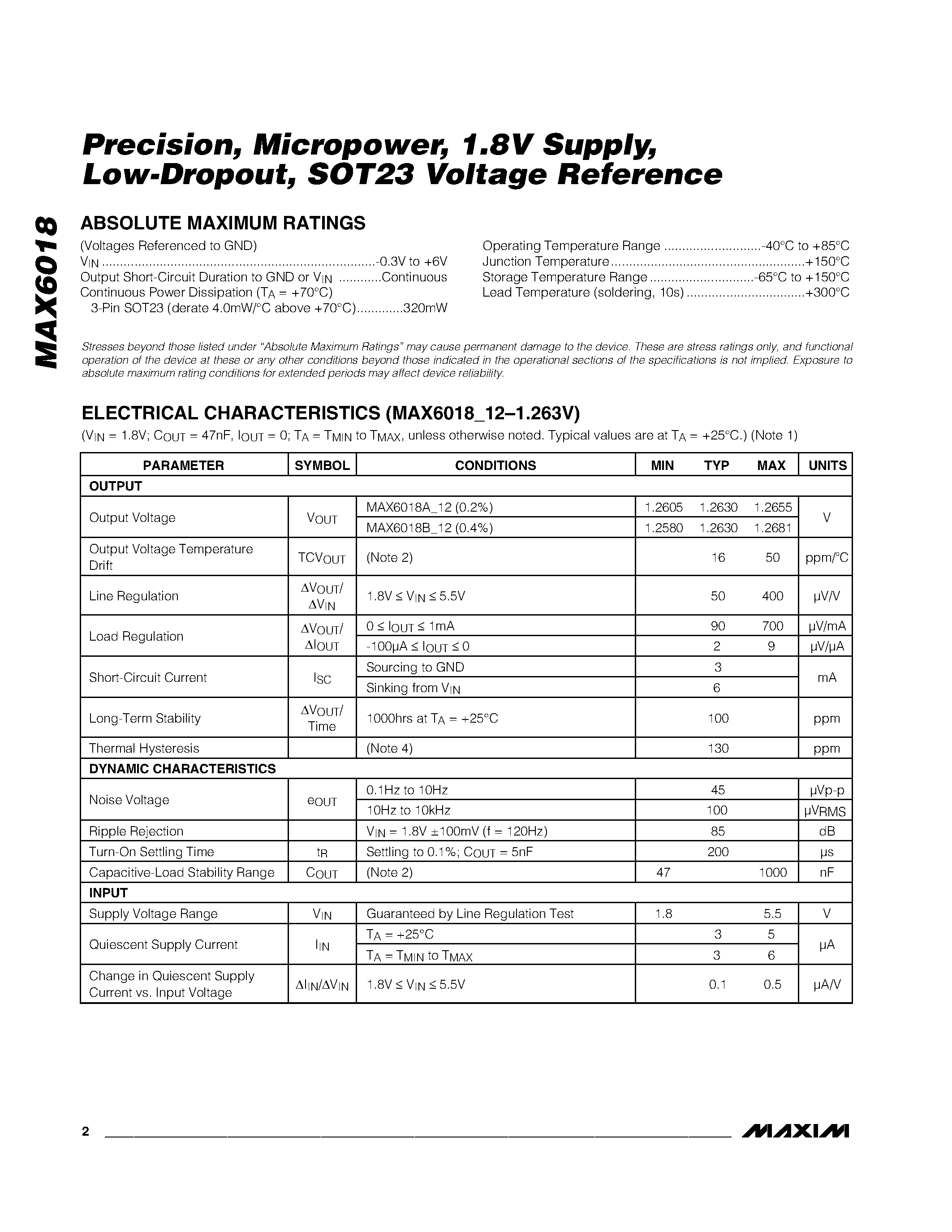 Datasheet MAX6018 - Precision / Micropower / 1.8V Supply / Low-Dropout / SOT23 Voltage Reference page 2