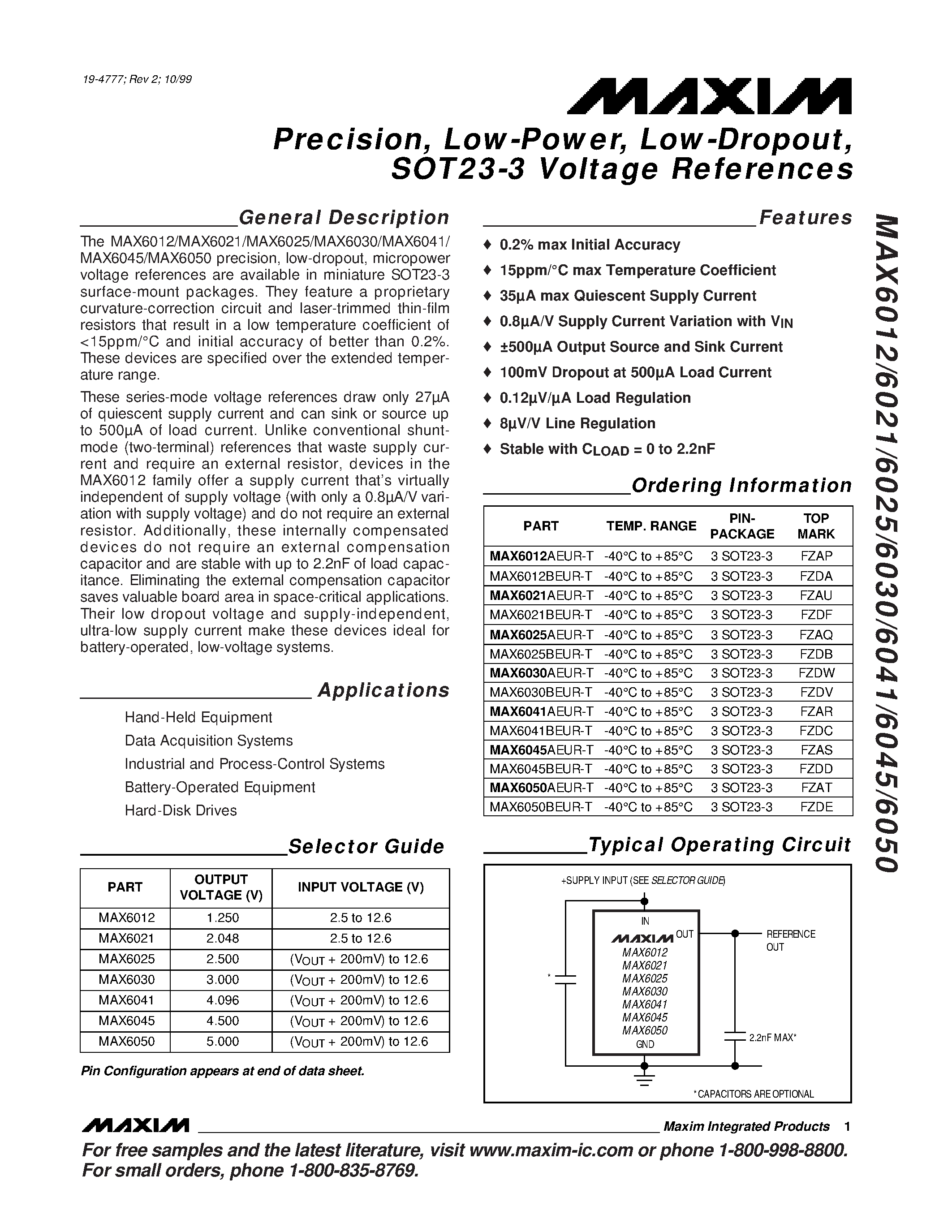 Datasheet MAX6025AEUR-T page 1 Datasheet MAX6025AEUR-T - Precision / Low-Power / Low-Dropout / page 1