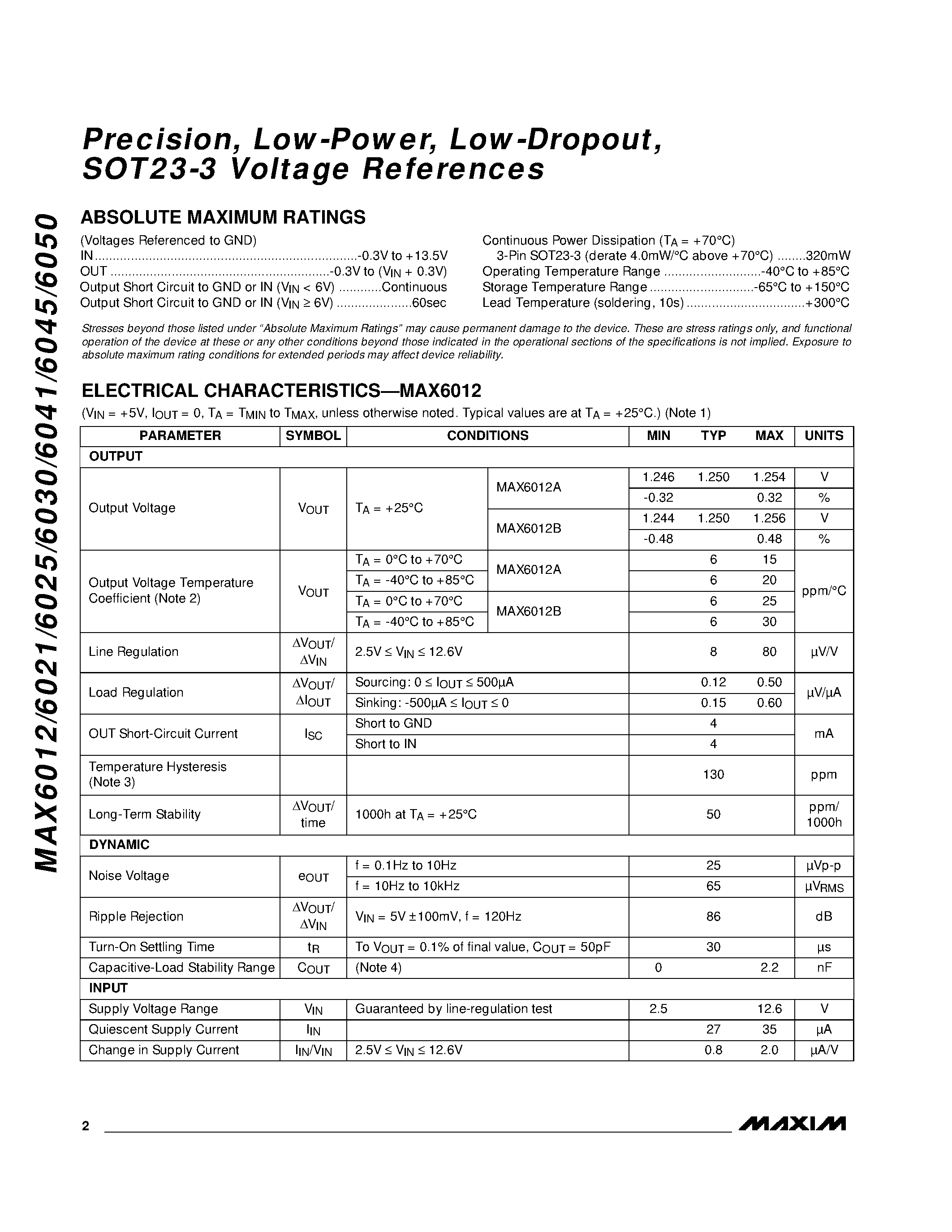 Datasheet MAX6030BEUR-T page 2 Datasheet MAX6030BEUR-T - Precision / Low-Power / Low-Dropout / page 2