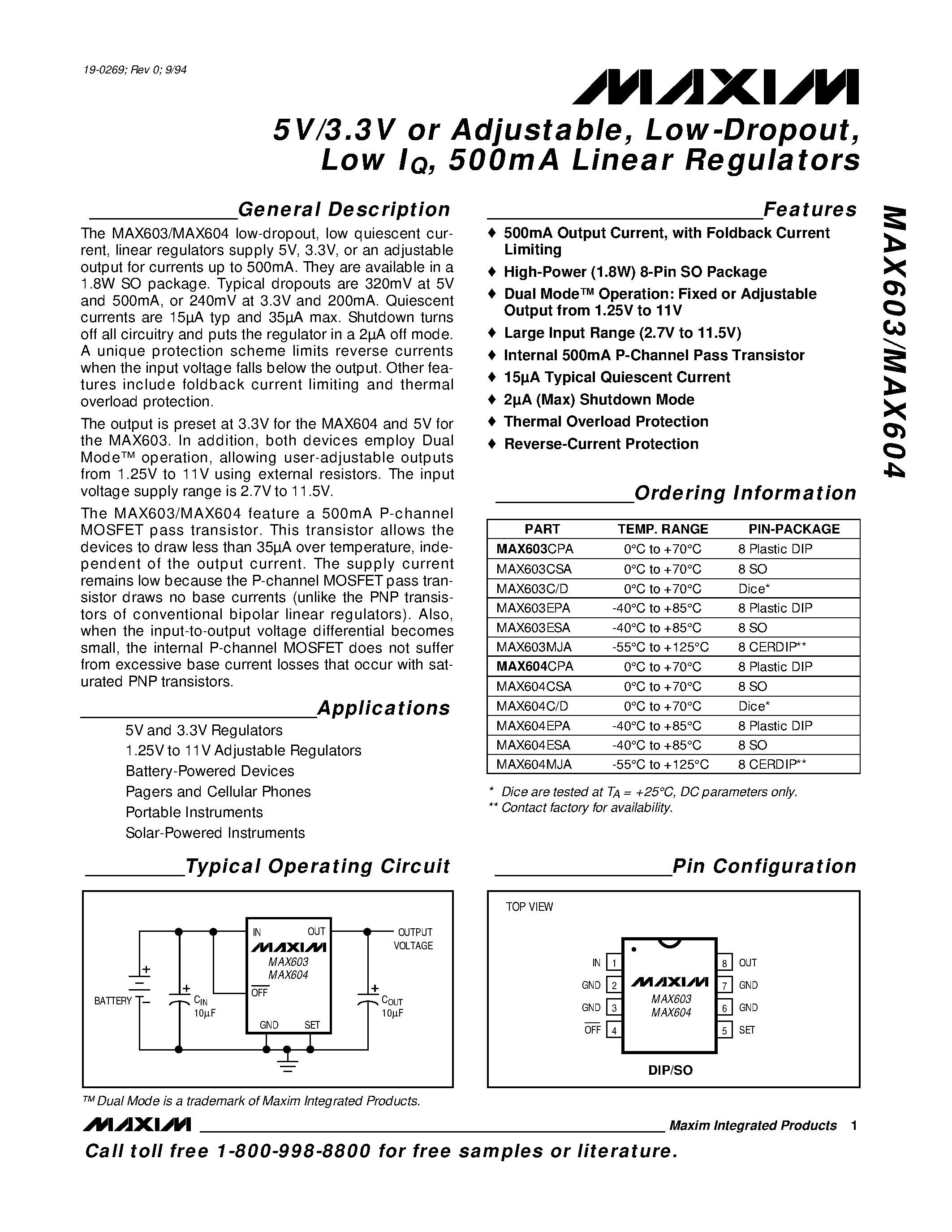 Datasheet MAX604 - 5V/3.3V or Adjustable / Low-Dropout / Low IQ / 500mA Linear Regulators page 1