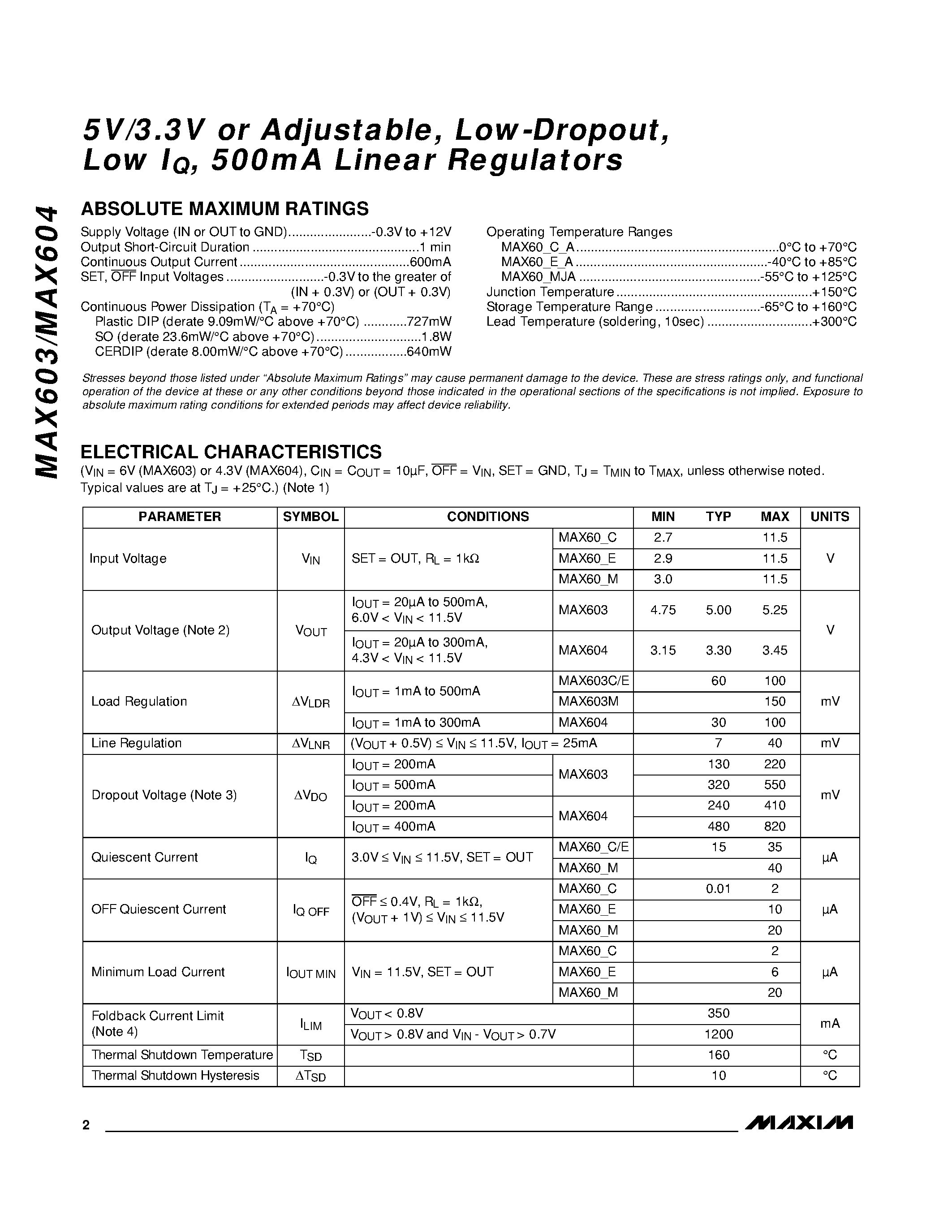 Datasheet MAX604 - 5V/3.3V or Adjustable / Low-Dropout / Low IQ / 500mA Linear Regulators page 2