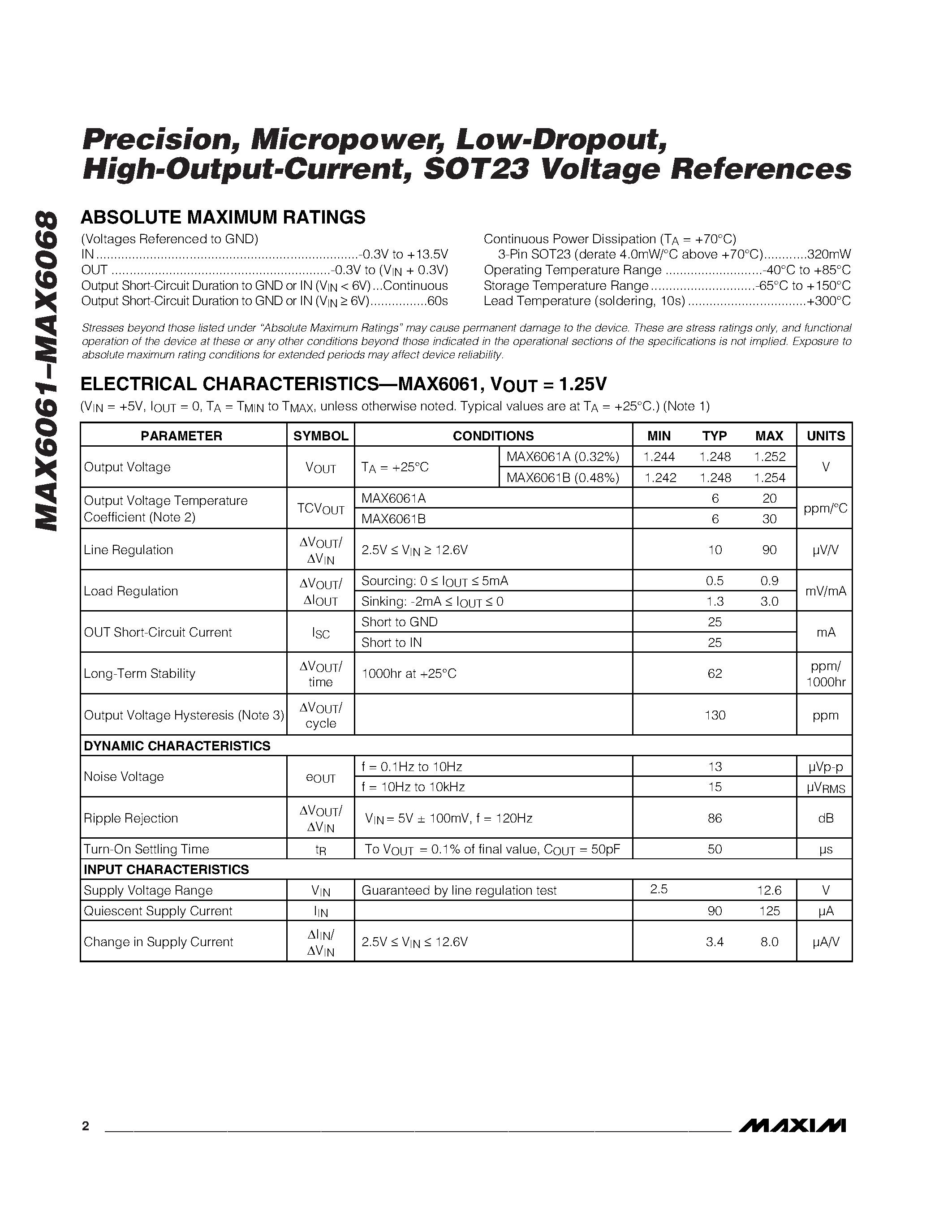 Datasheet MAX6064AEUR-T - Precision / Micropower / Low-Dropout / High-Output-Current / SOT23 Voltage References page 2