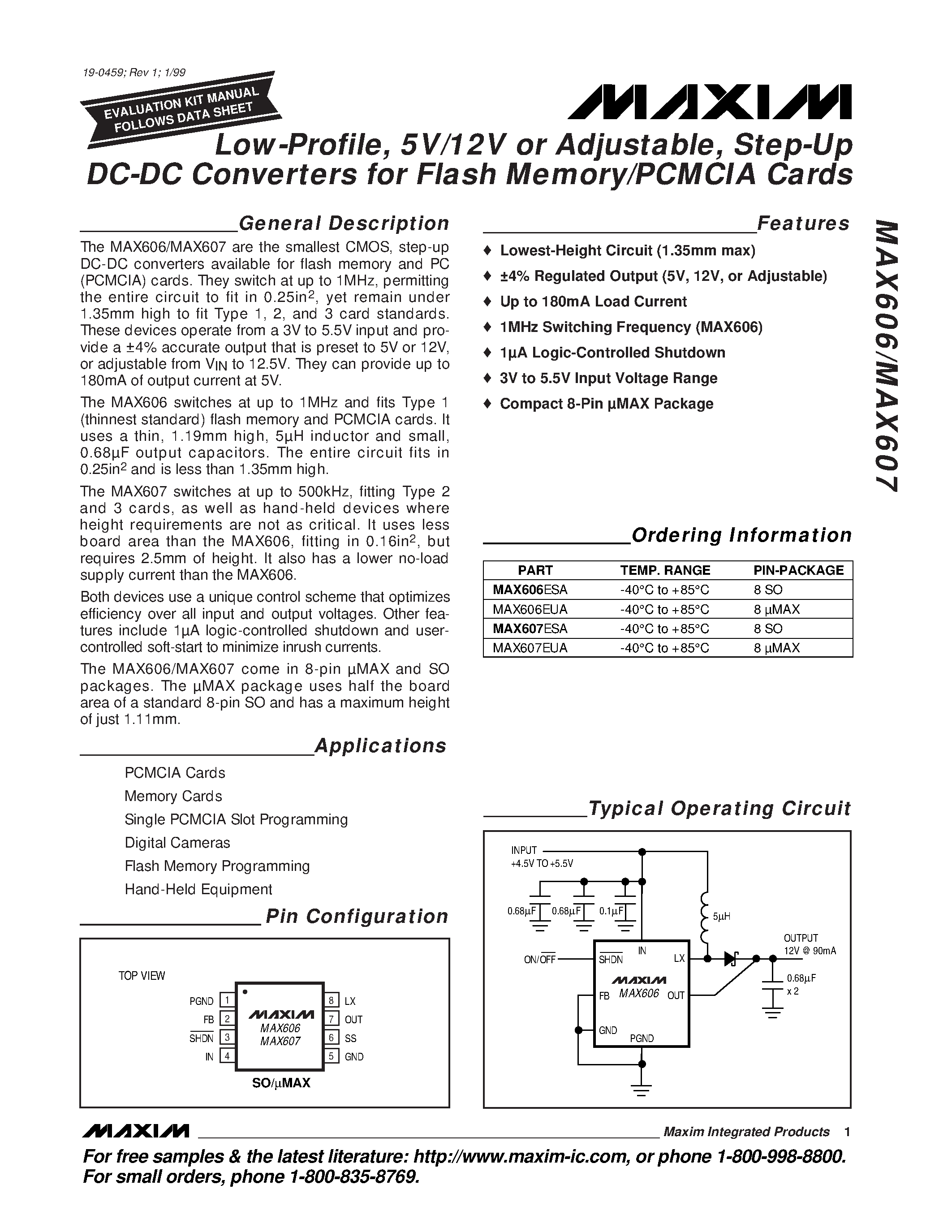 Datasheet MAX607 - Low-Profile / 5V/12V or Adjustable / Step-Up DC-DC Converters for Flash Memory/PCMCIA Cards page 1