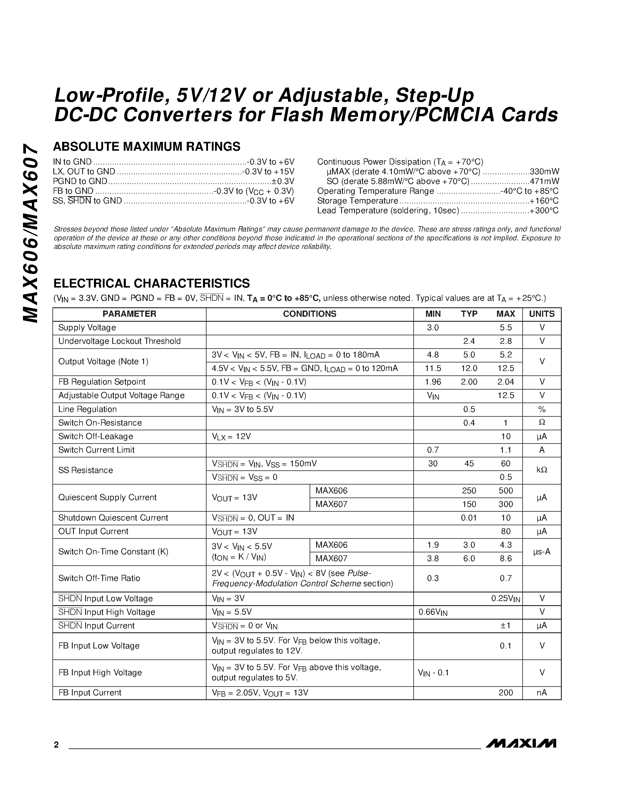 Datasheet MAX607 - Low-Profile / 5V/12V or Adjustable / Step-Up DC-DC Converters for Flash Memory/PCMCIA Cards page 2